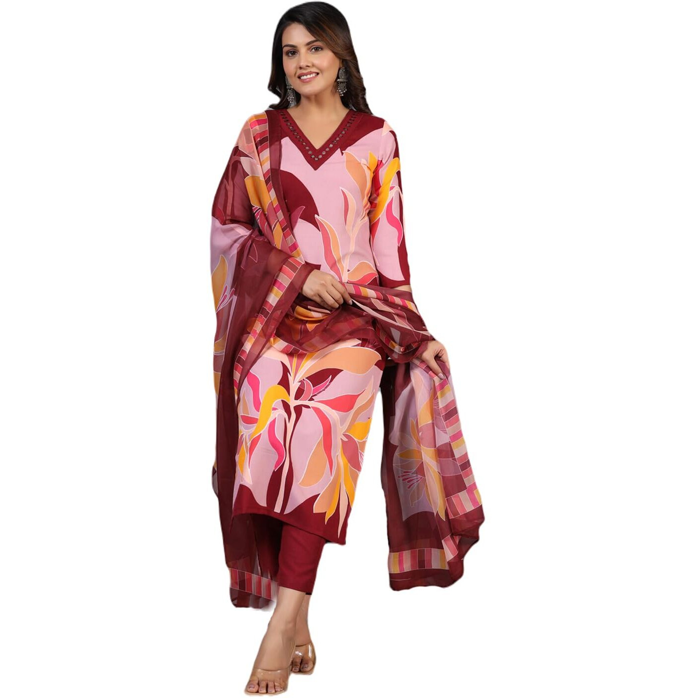 ANNI DESIGNER Women's Rayon Blend Printed Straight Kurta with Pant & Dupatta (KHISSU Maroon_XL_Maroon_X-Large)