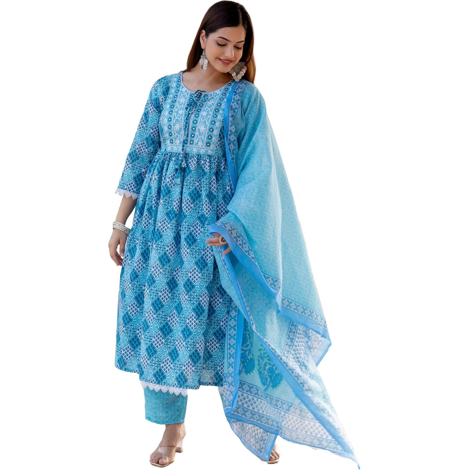 KLOSIA Women Printed Kurta and Pant Set with Dupatta (Large) Sky Blue