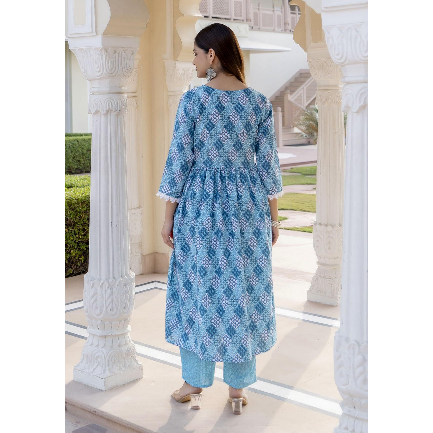 KLOSIA Women Printed Kurta and Pant Set with Dupatta (Large) Sky Blue
