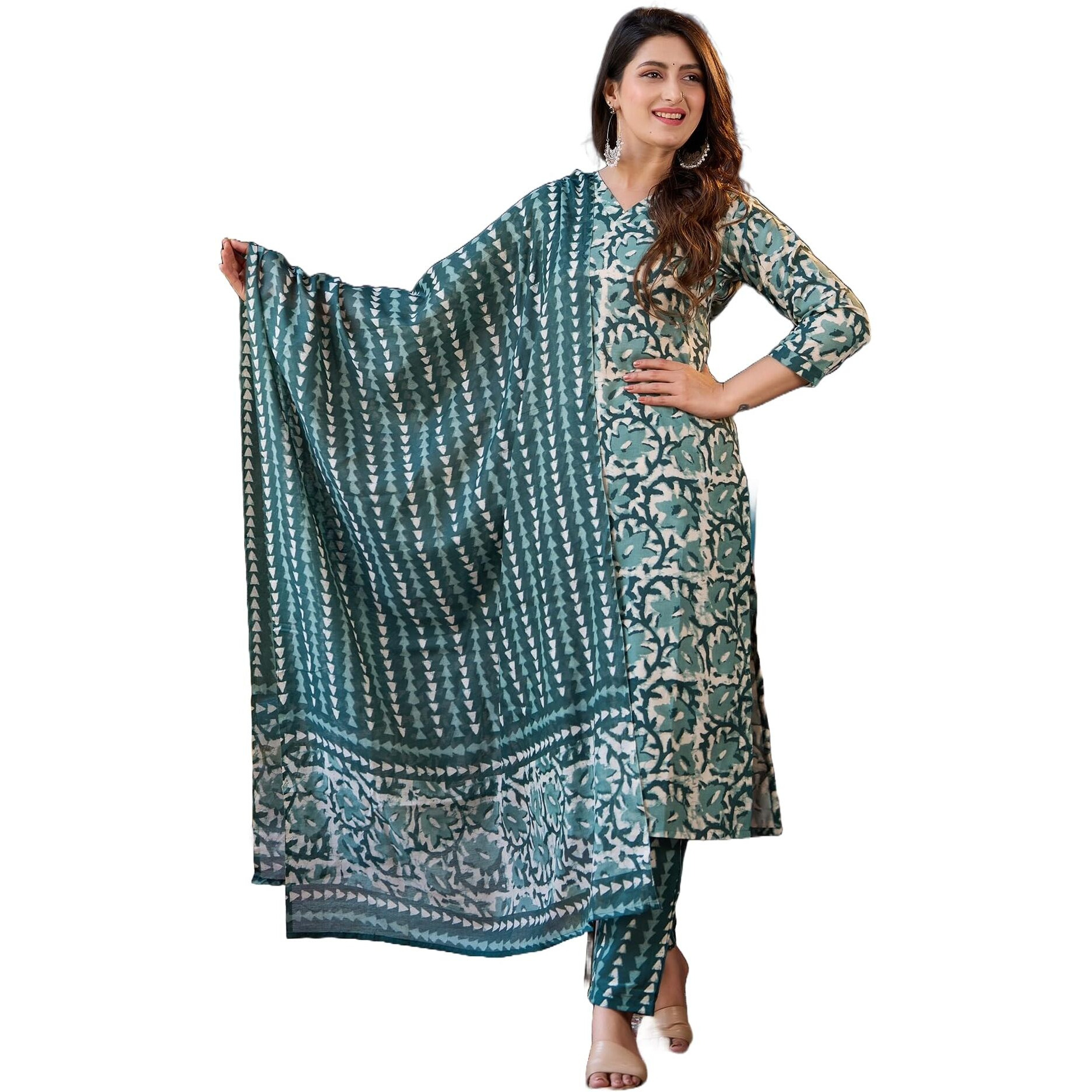 KLOSIA Women Straight Printed Kurta and Pant Set with Dupatta | Ethnic Set | Dupatta Set | Suit Set | Kurta Set | (X-Large) Green
