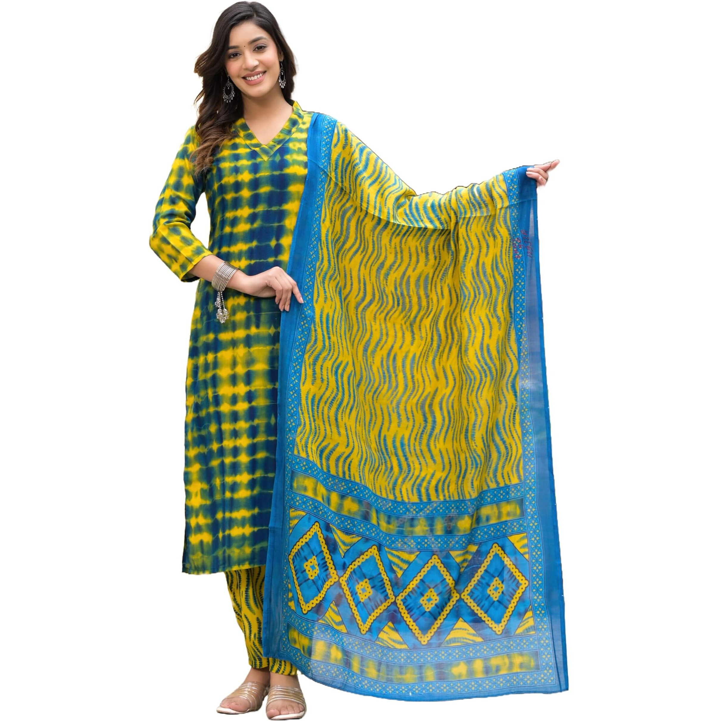 KLOSIA Women Shibori Printed Kurta and Pant Set with Dupatta (XX-Large) Yellow