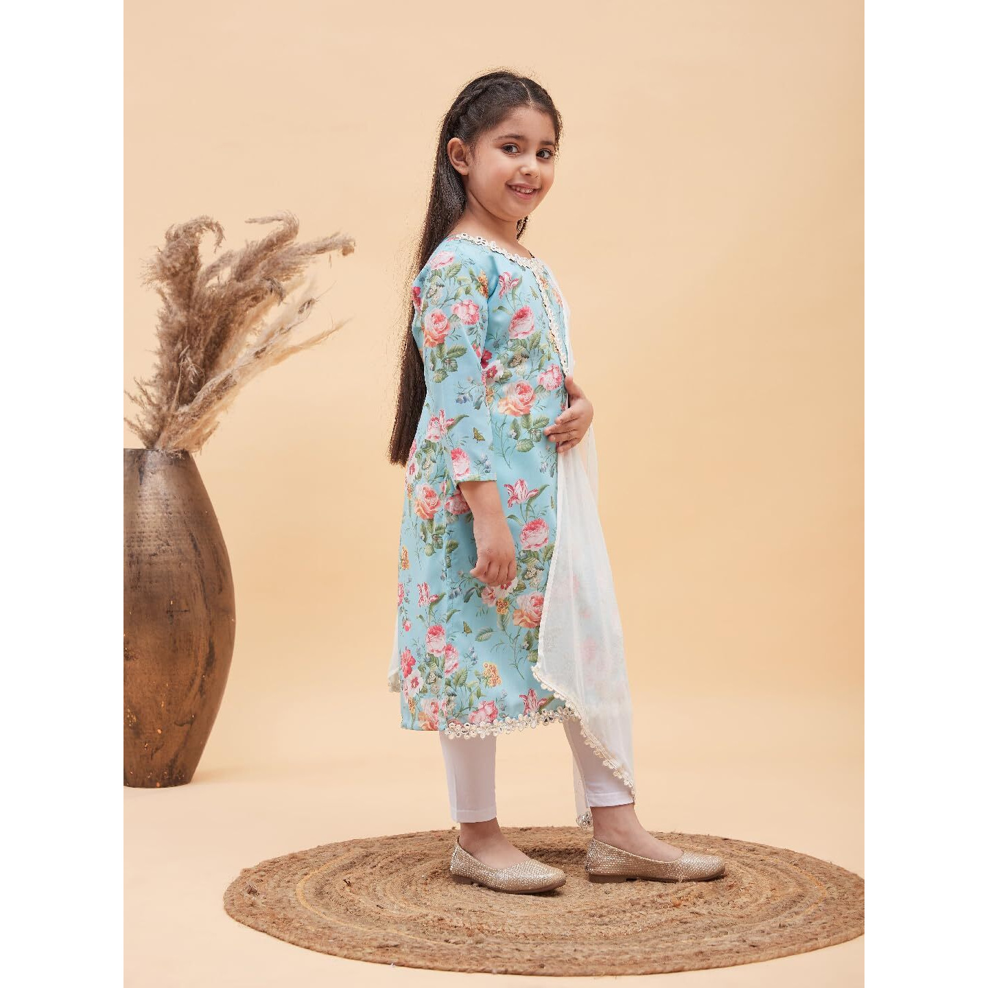 VASTRAMAY Girls' Aqua and White Kurta, Leggings & Dupatta Set_VASGK006AQnGL01WHnD_26