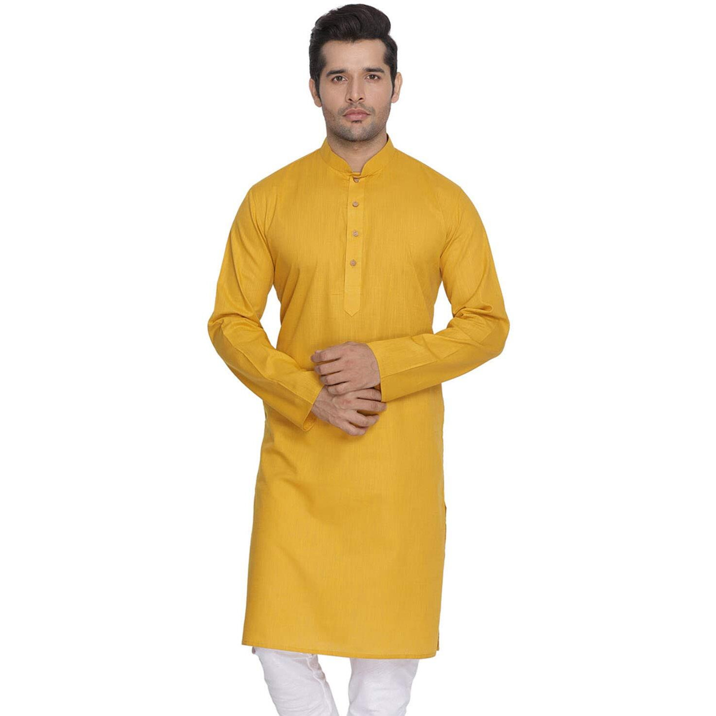 VASTRAMAY Mens Cotton Linen Mustard Kurta - Timeless Elegance for Festivals & Events | Plain Solid Full Sleeves Mandarin Collar | Classic Design, Premium Comfort, and Versatile Style_VASMK007MD-42