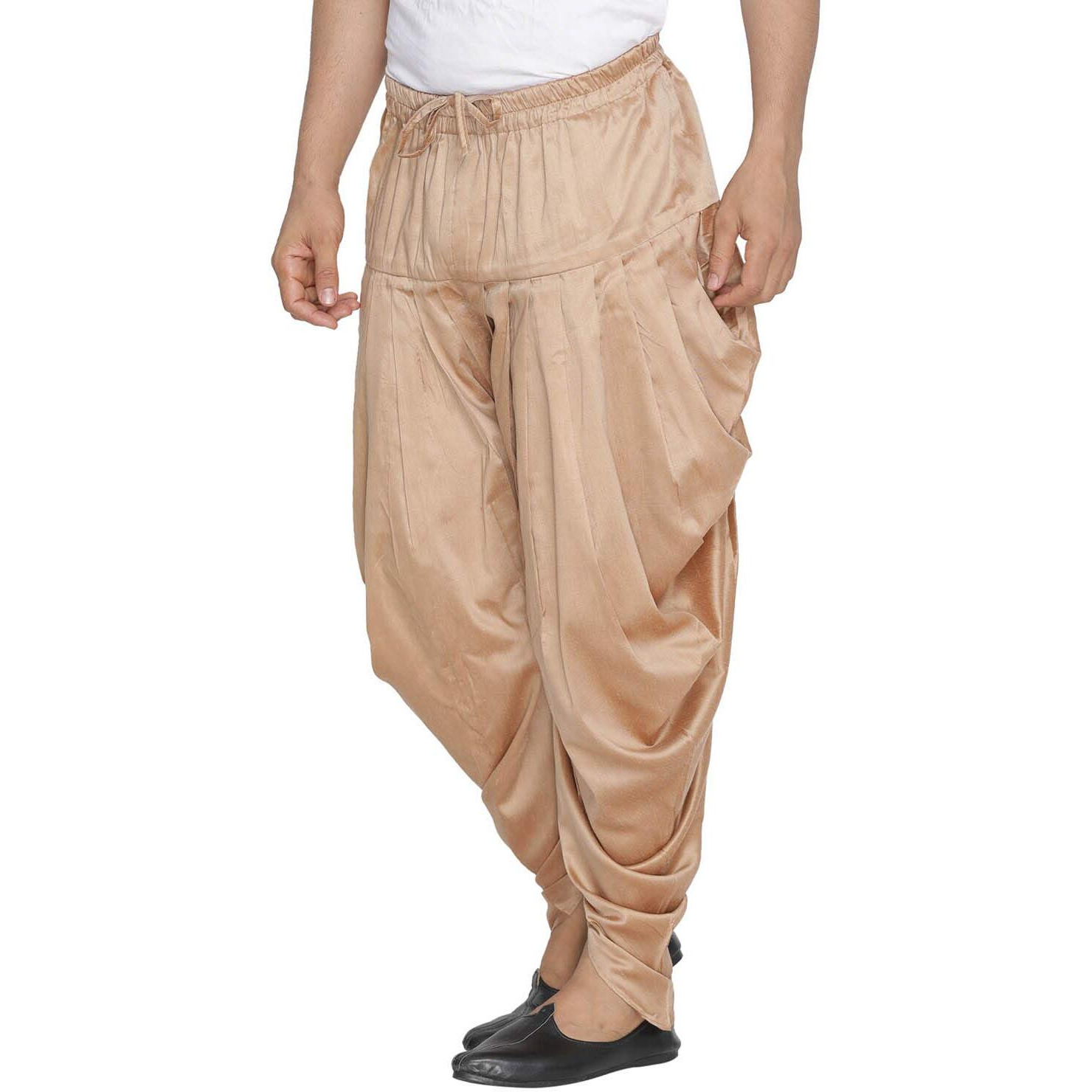 VASTRAMAY Men's Gold Cotton Blend Dhoti || Cotton Silk Cowl Pattern Patiala Style Dhoti Pant with Uniform Chunnar_VASMCDRG_42