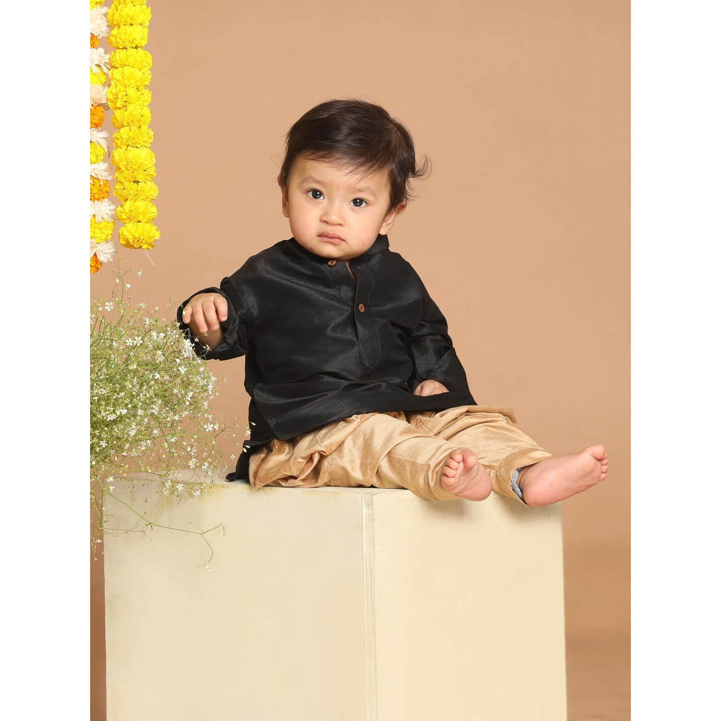 VASTRAMAY Infant Boys Black and Rose Gold Silk Blend Kurta and Dhoti Set_VSHISBUK001BLnCDRG_18