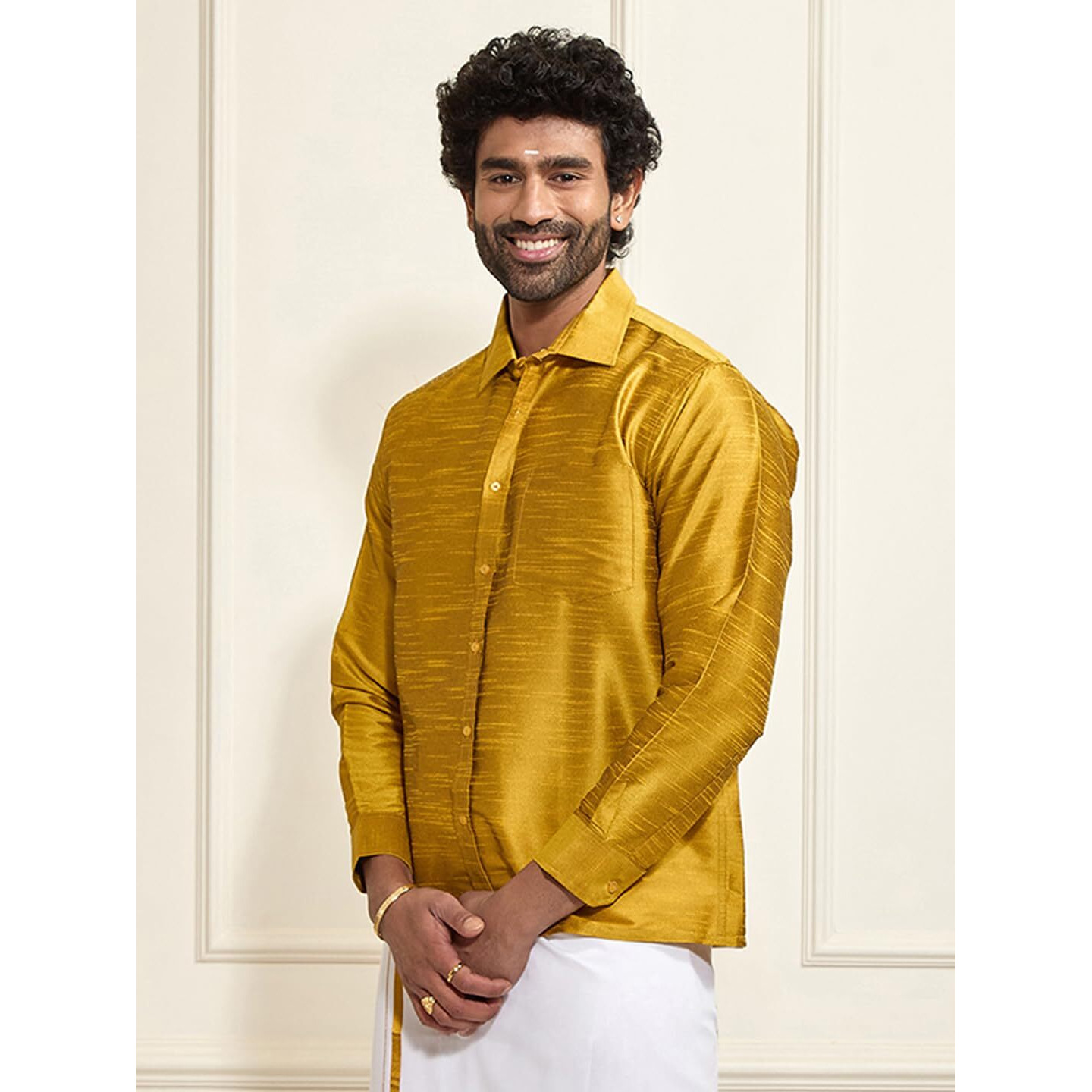 VASTRAMAY VM Mens Silk Blend Mustard Shirt - Effortless Style for Everyday Comfort | Ethnic South Indian Silk Shirt Full Sleeves | Modern Designs and Contemporary Fit_VASMSH002MD_46
