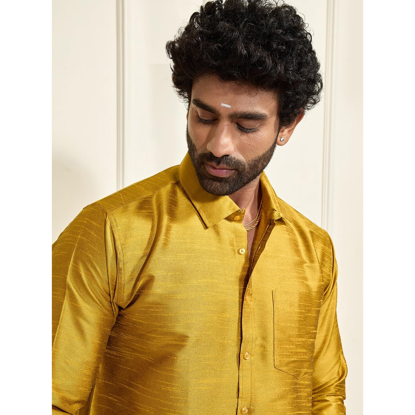 VASTRAMAY VM Mens Silk Blend Mustard Shirt - Effortless Style for Everyday Comfort | Ethnic South Indian Silk Shirt Full Sleeves | Modern Designs and Contemporary Fit_VASMSH002MD_46