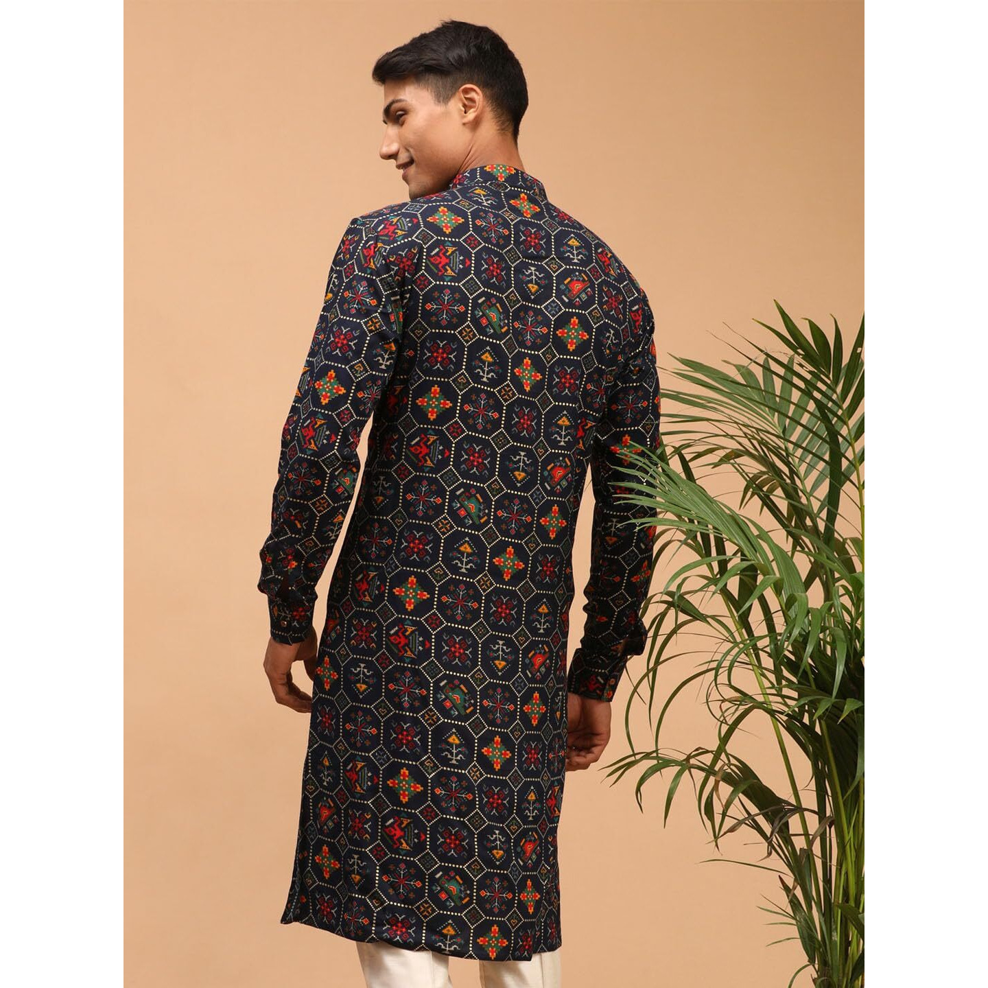 VASTRAMAY Men's Blue Cotton Blend Kurta | Longline Pathani Style Rayon Printed | Kurta for Festivals - Stylish, Comfortable - Perfect for Celebrations and Cultural Events, Navratri & Diwali