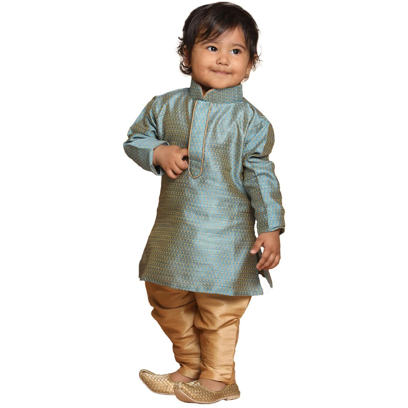 VASTRAMAY Infant Boys Azure and Rose Gold Silk Blend Kurta Pyjama Set_VSHISBK047AQnPRG_20