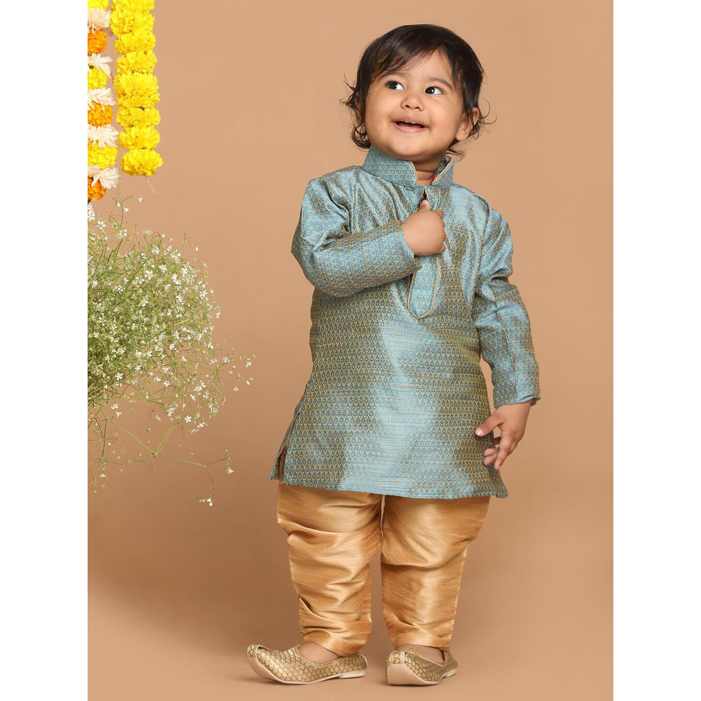 VASTRAMAY Infant Boys Azure and Rose Gold Silk Blend Kurta Pyjama Set_VSHISBK047AQnPRG_20