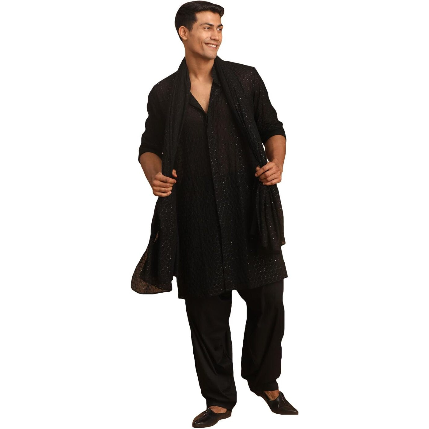 VASTRAMAY Men's Black Georgette Kurta, Pyjama & Dupatta Set