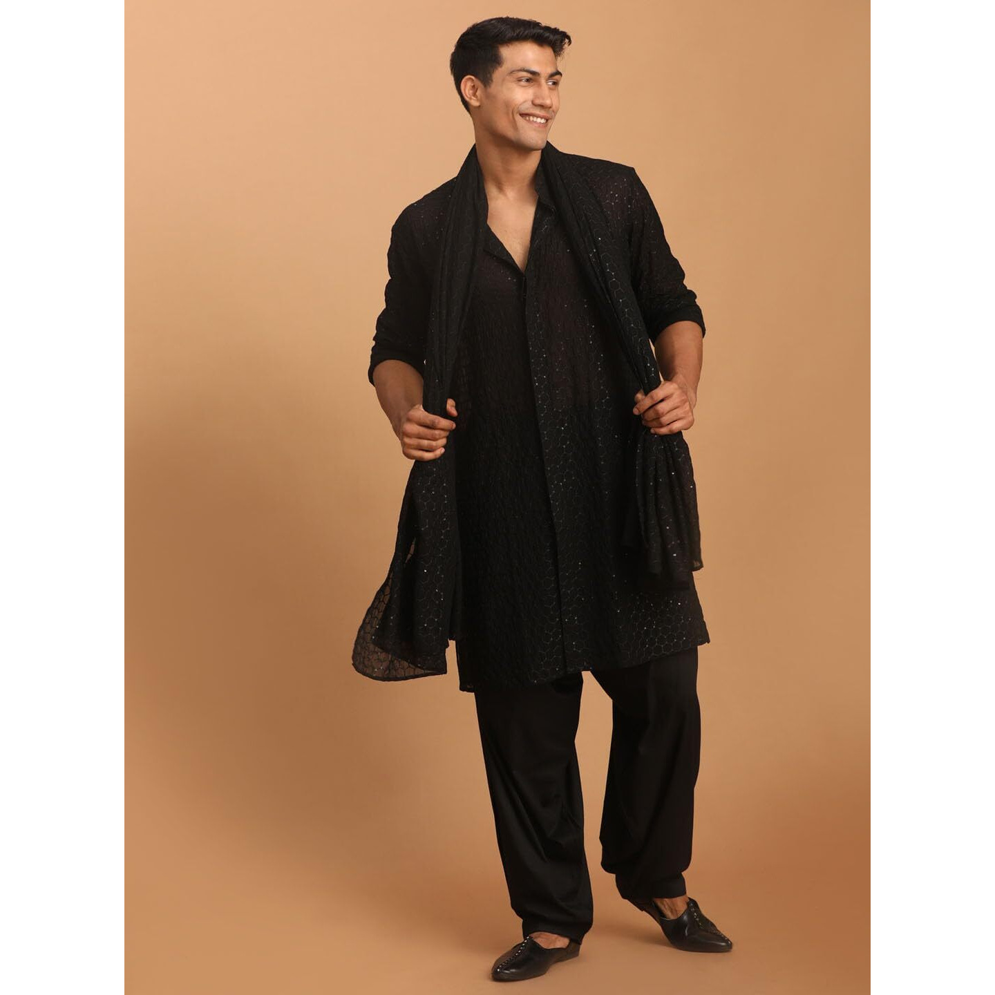 VASTRAMAY Men's Black Georgette Kurta, Pyjama & Dupatta Set