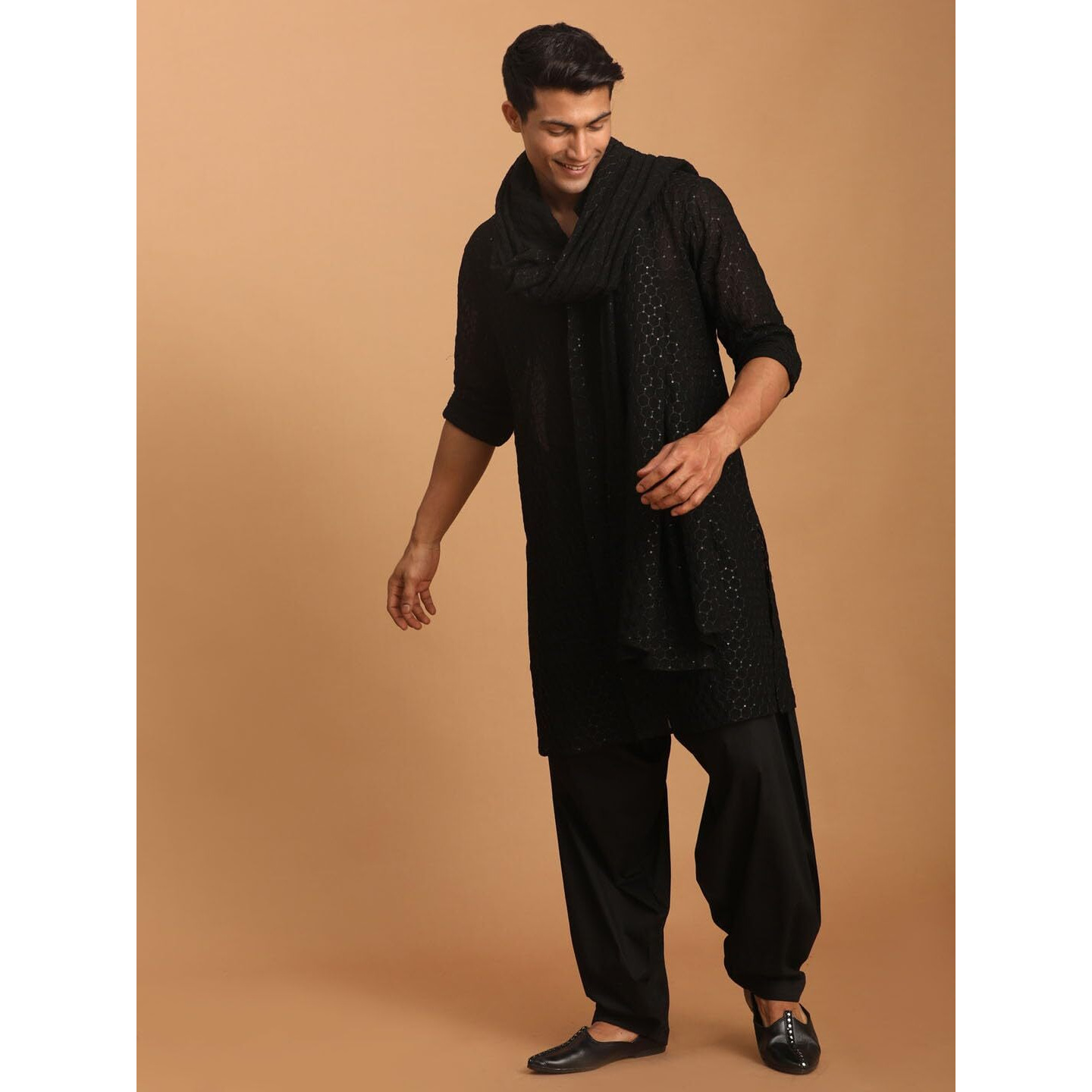 VASTRAMAY Men's Black Georgette Kurta, Pyjama & Dupatta Set