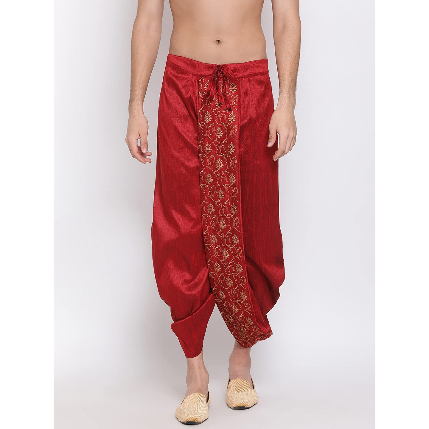 VASTRAMAY Men's Maroon Silk Blend Ethnic Dhoti(Gold_Free Size_VASMDT006MA)