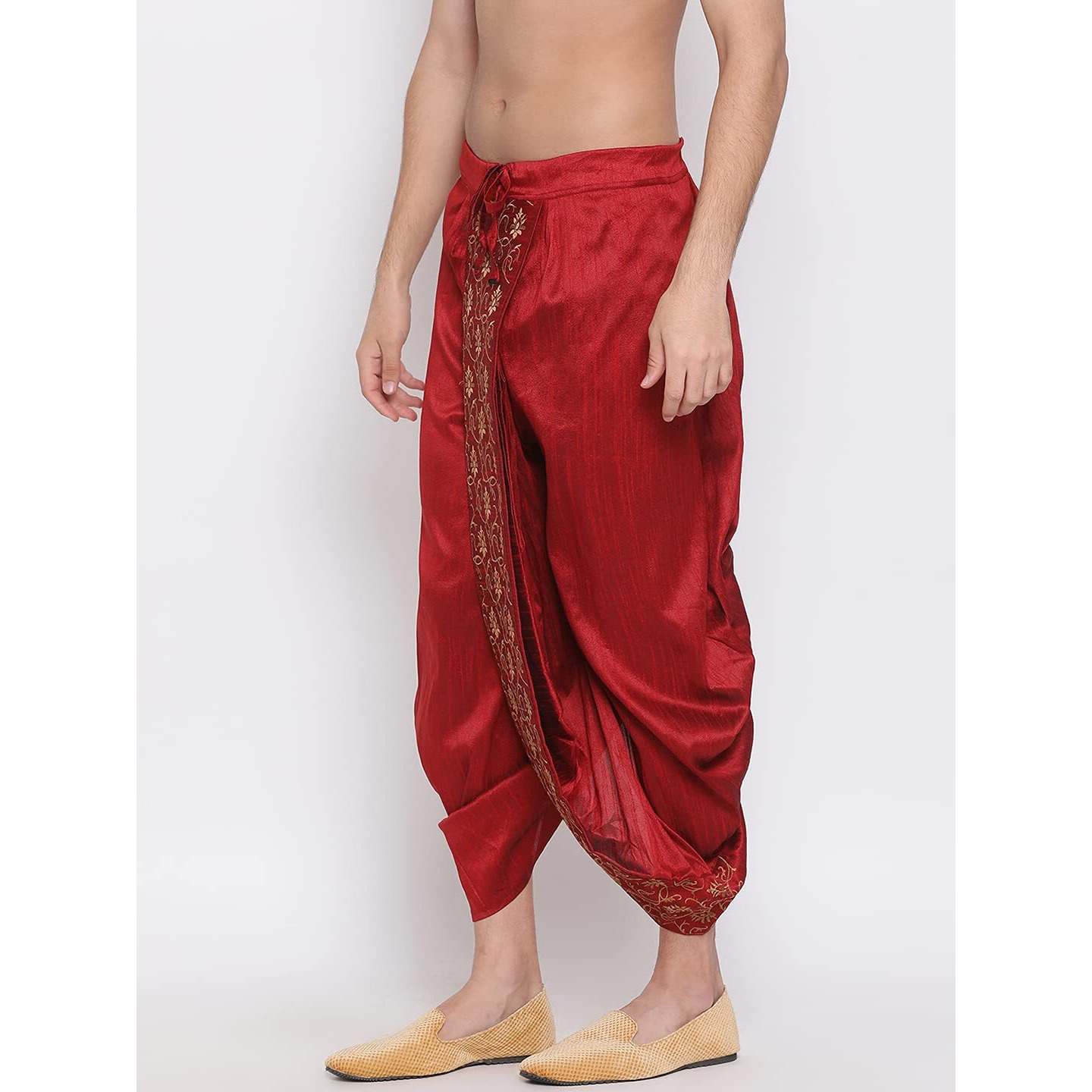 VASTRAMAY Men's Maroon Silk Blend Ethnic Dhoti(Gold_Free Size_VASMDT006MA)