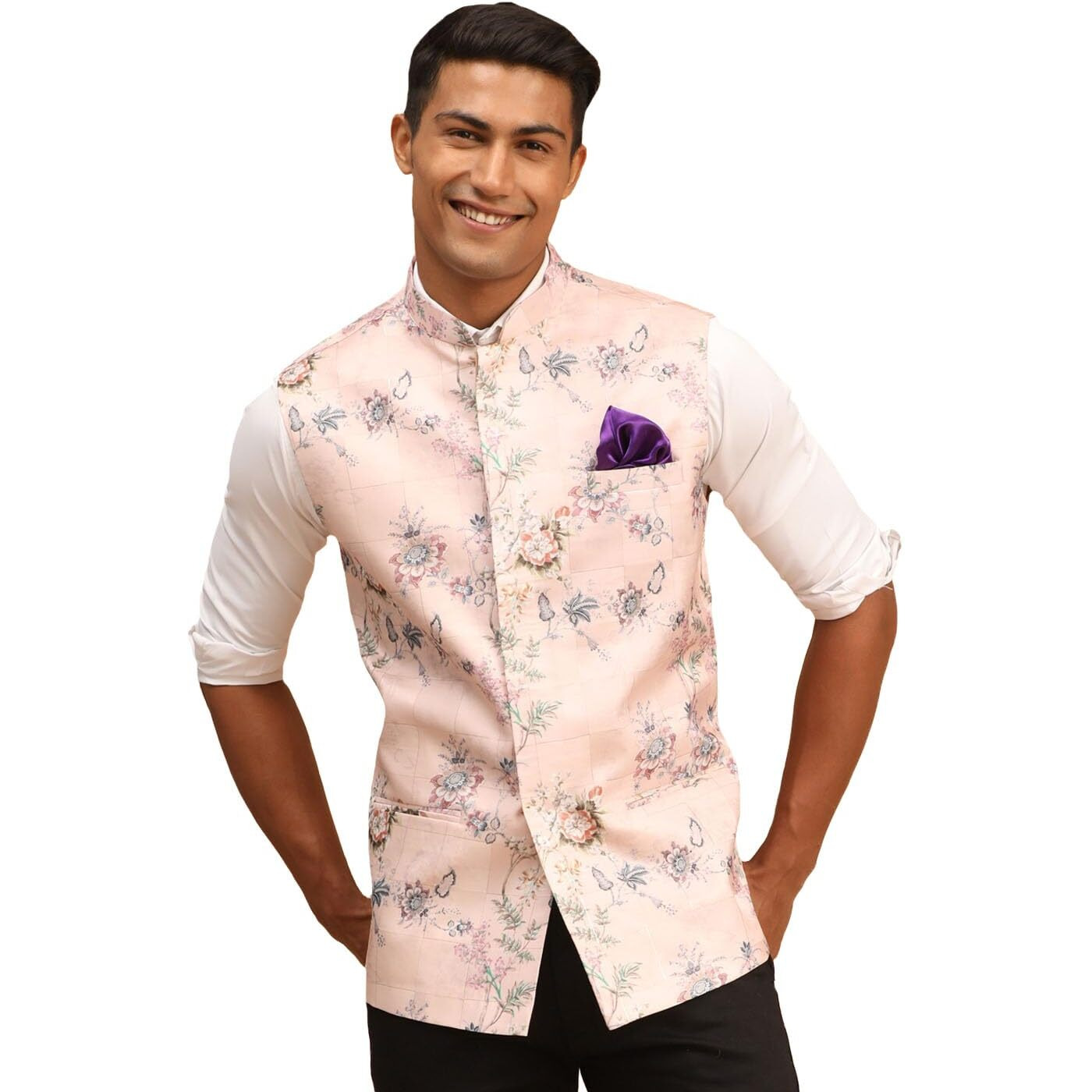 VASTRAMAY Men's Multicolor-Base-Peach - Nehru Jacket