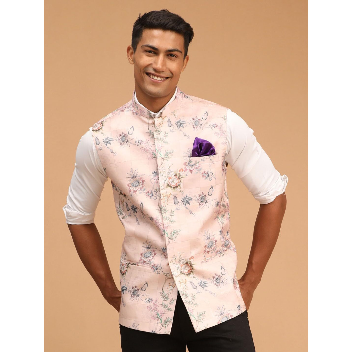 VASTRAMAY Men's Multicolor-Base-Peach - Nehru Jacket