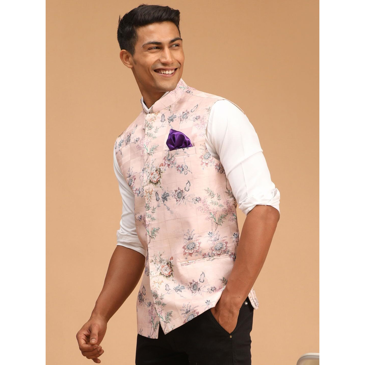 VASTRAMAY Men's Multicolor-Base-Peach - Nehru Jacket