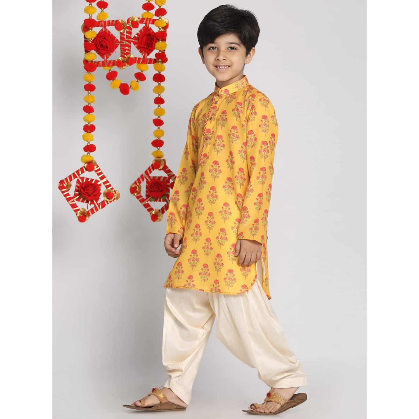 VASTRAMAY Boys' Multicolor-Base-Mustard And Cream Kurta Patiala Set | Digitally Printed Embellished Kurta With Patiala for Navratri, Diwali & Festive Celebrations - Stylish Indian Outfit for Kids