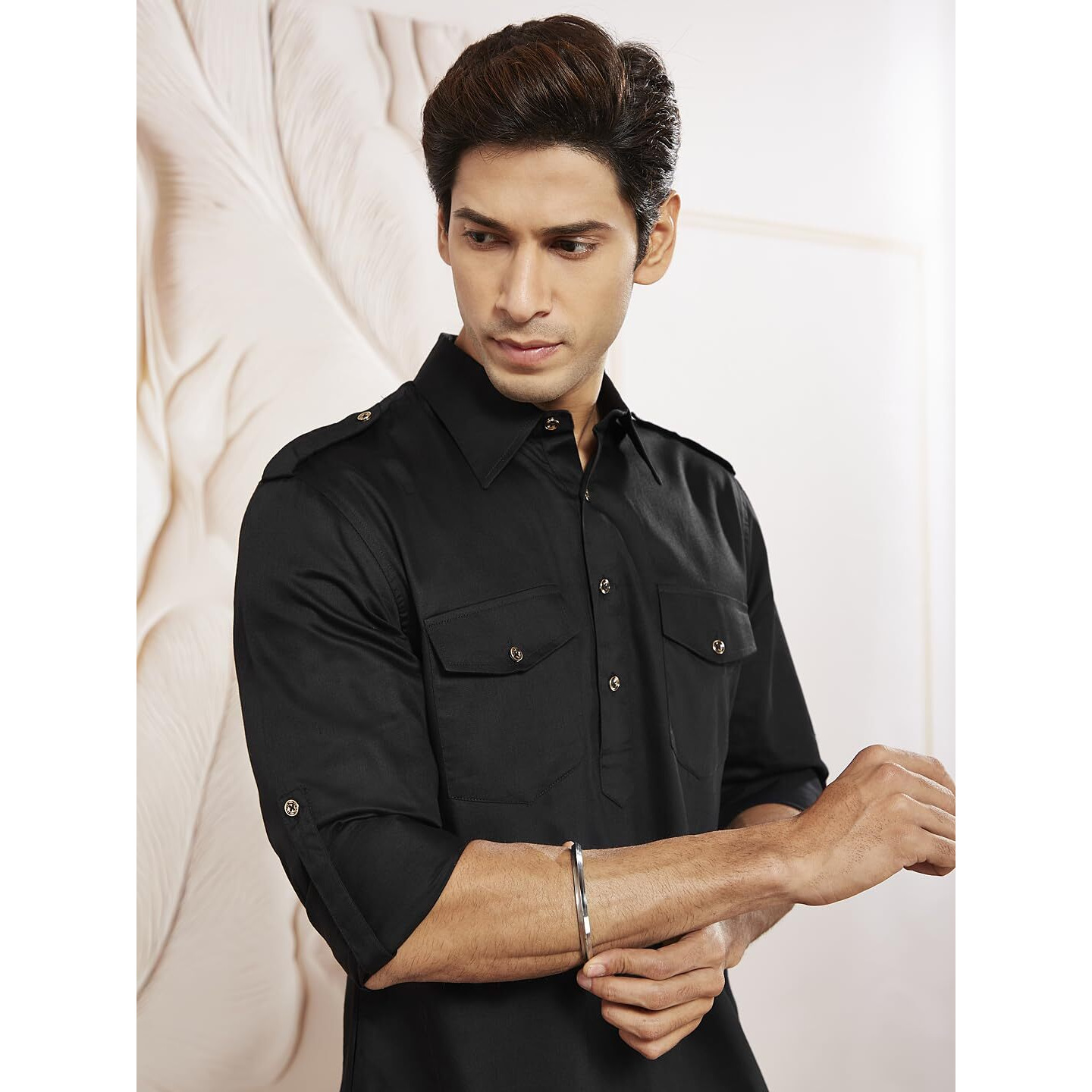 VASTRAMAY Men Cotton Pathani Khan Suit Set (Black_VASMPTBL009_44)