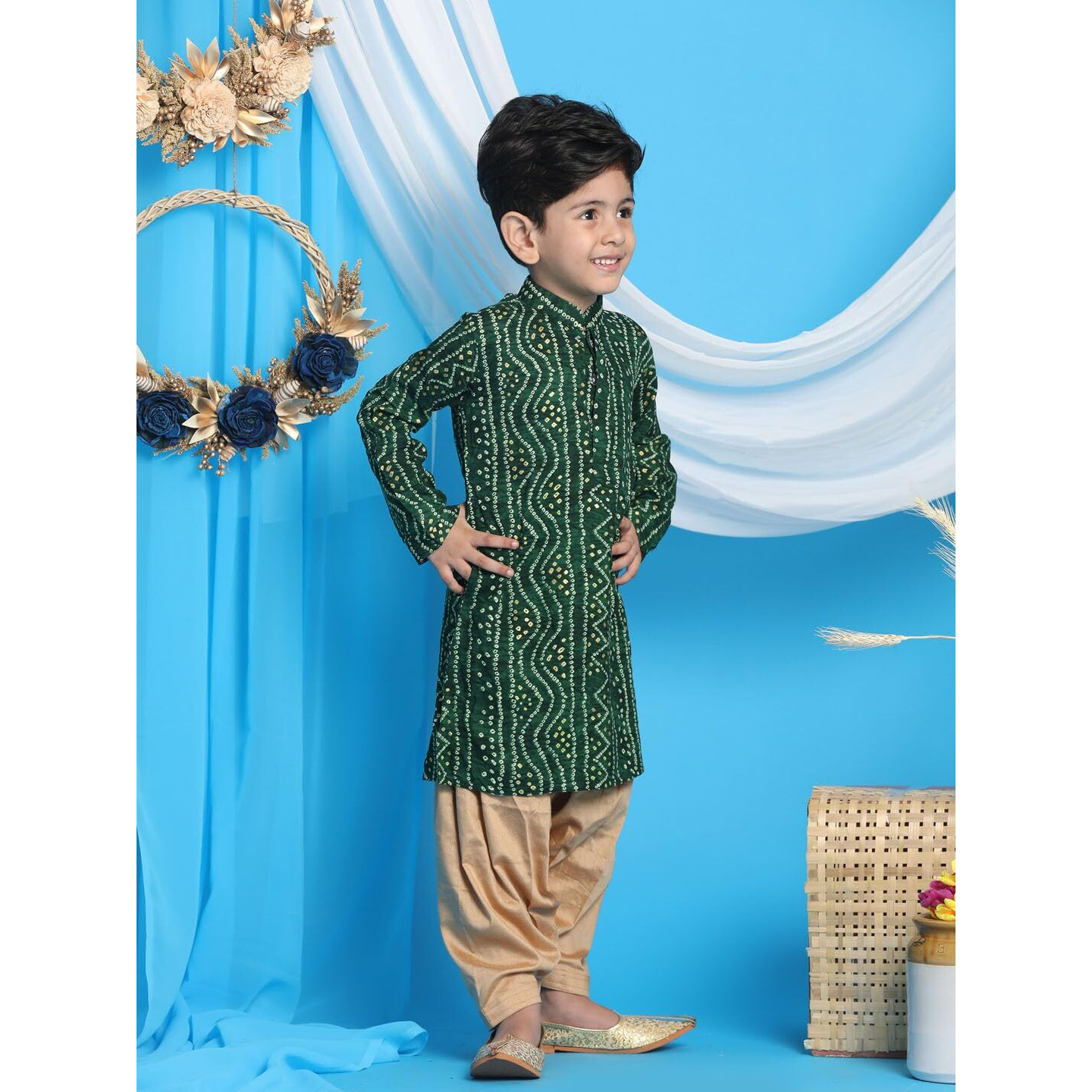 VASTRAMAY Boys Green and Rose Gold Kurta Patiala Set | Gold Bandhani And Foil Print Rayon Kurta With Pyjama for Navratri, Diwali & Festive Celebrations - Stylish and Comfortable Indian Outfit for Kids