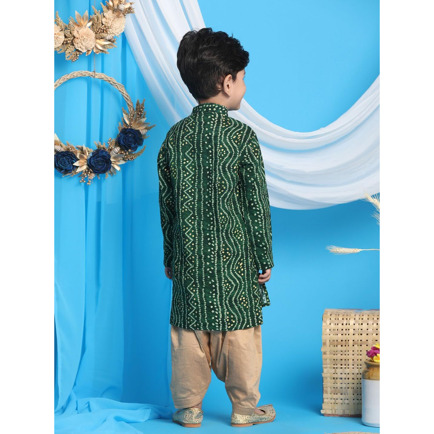 VASTRAMAY Boys Green and Rose Gold Kurta Patiala Set | Gold Bandhani And Foil Print Rayon Kurta With Pyjama for Navratri, Diwali & Festive Celebrations - Stylish and Comfortable Indian Outfit for Kids