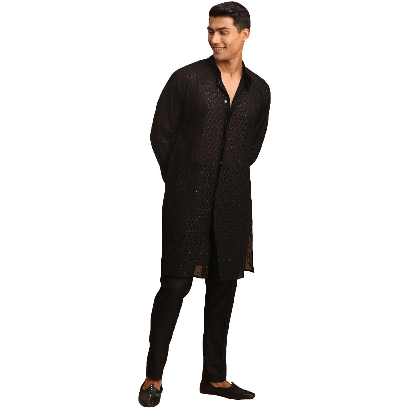 VASTRAMAY Men's Black Georgette Kurta Pyjama Set