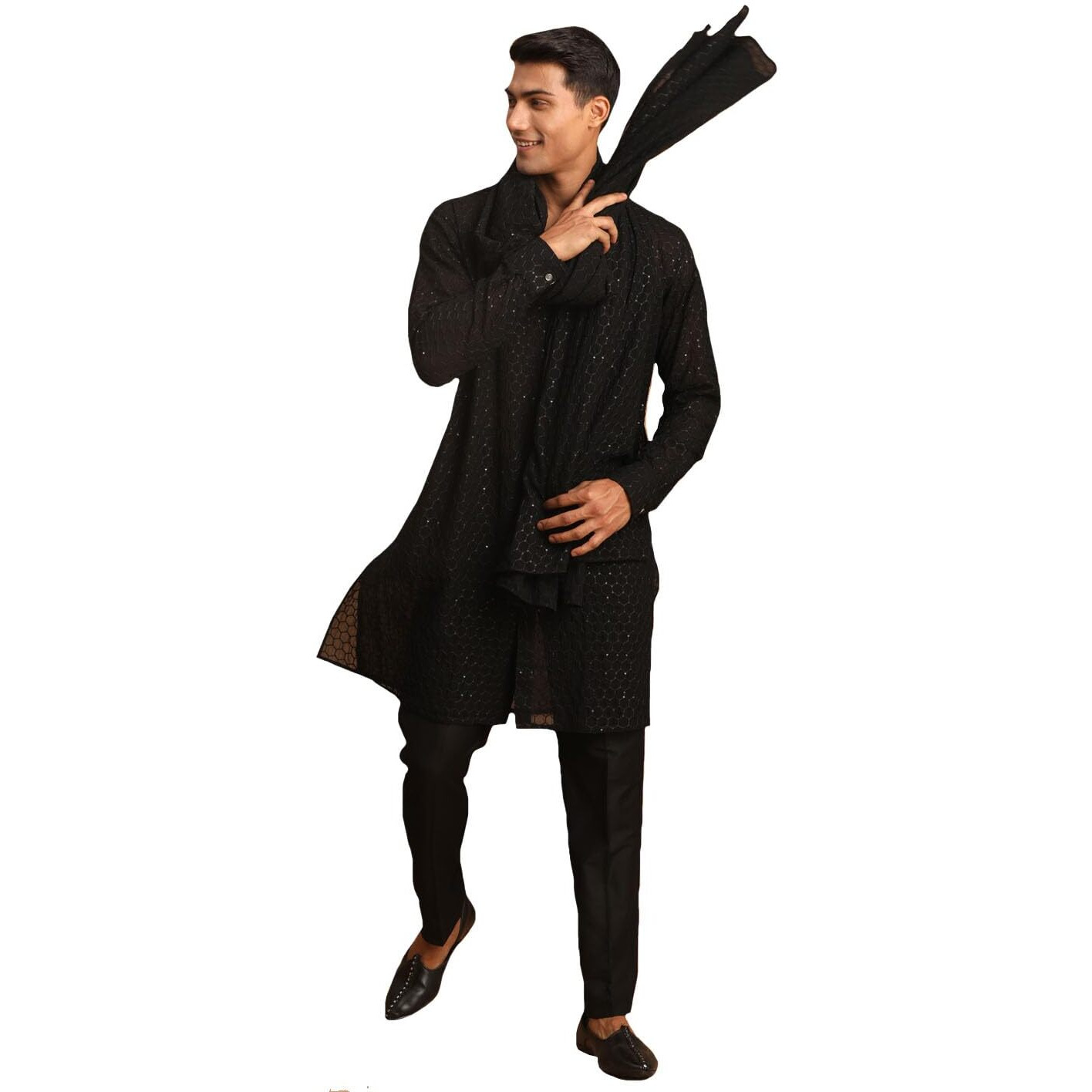 VASTRAMAY Men's Black Georgette Kurta, Pyjama & Dupatta Set