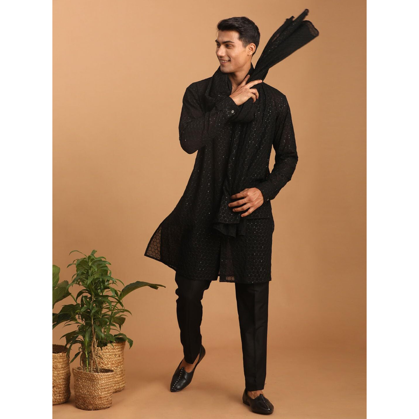 VASTRAMAY Men's Black Georgette Kurta, Pyjama & Dupatta Set