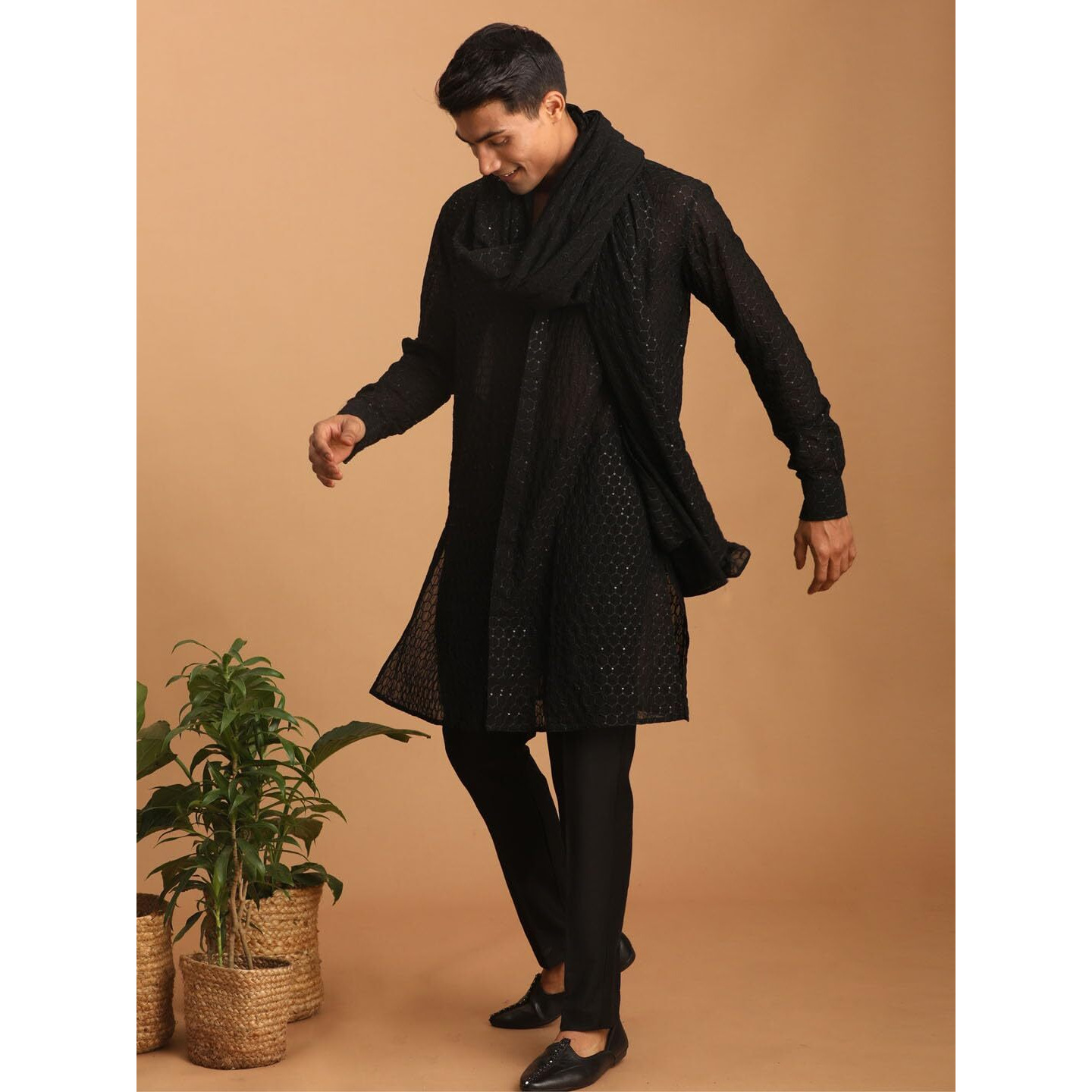 VASTRAMAY Men's Black Georgette Kurta, Pyjama & Dupatta Set