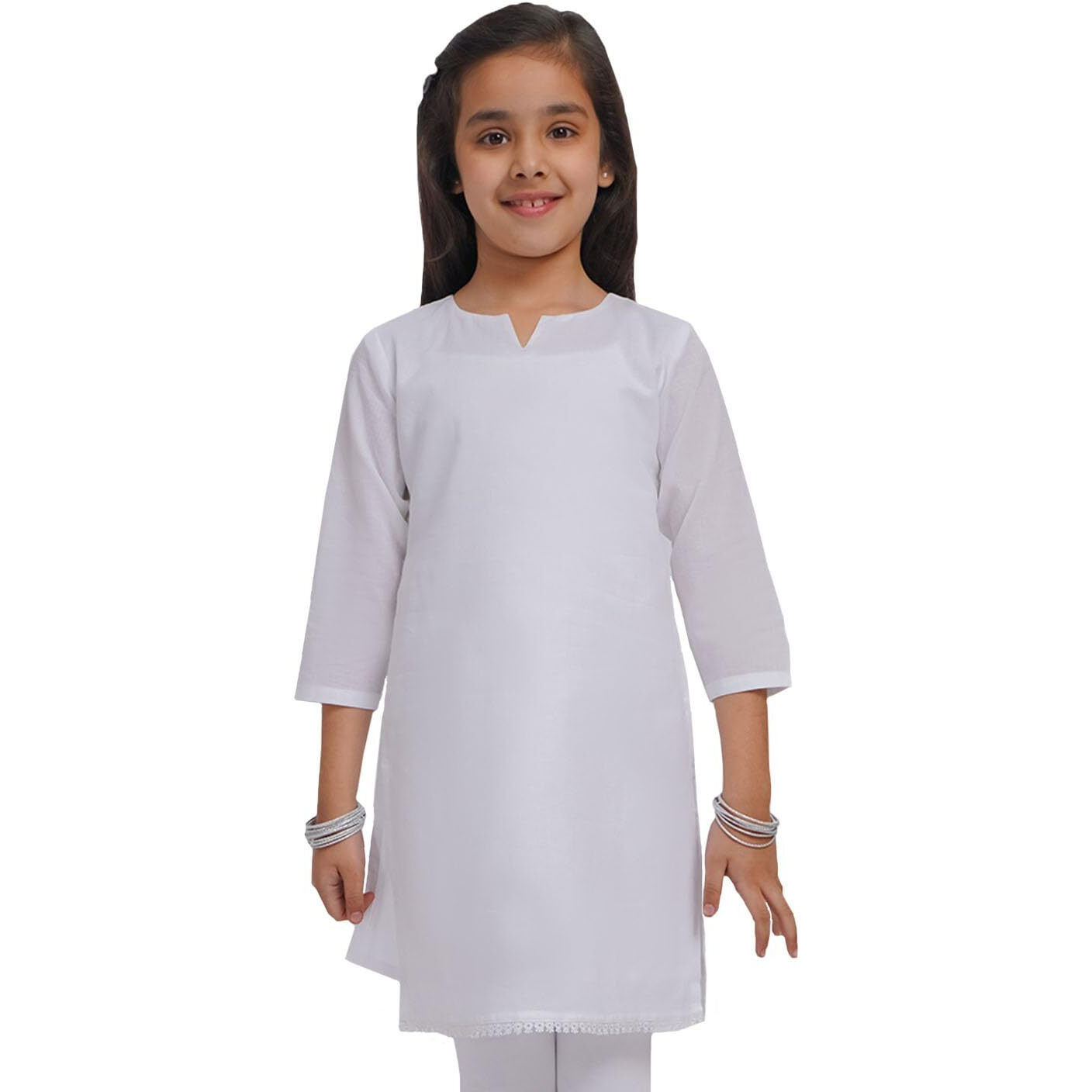 VASTRAMAY Girls' White Cotton Cambric Kurta  Republic Day Special Elegant Knee-Length Only Kurta for Festive