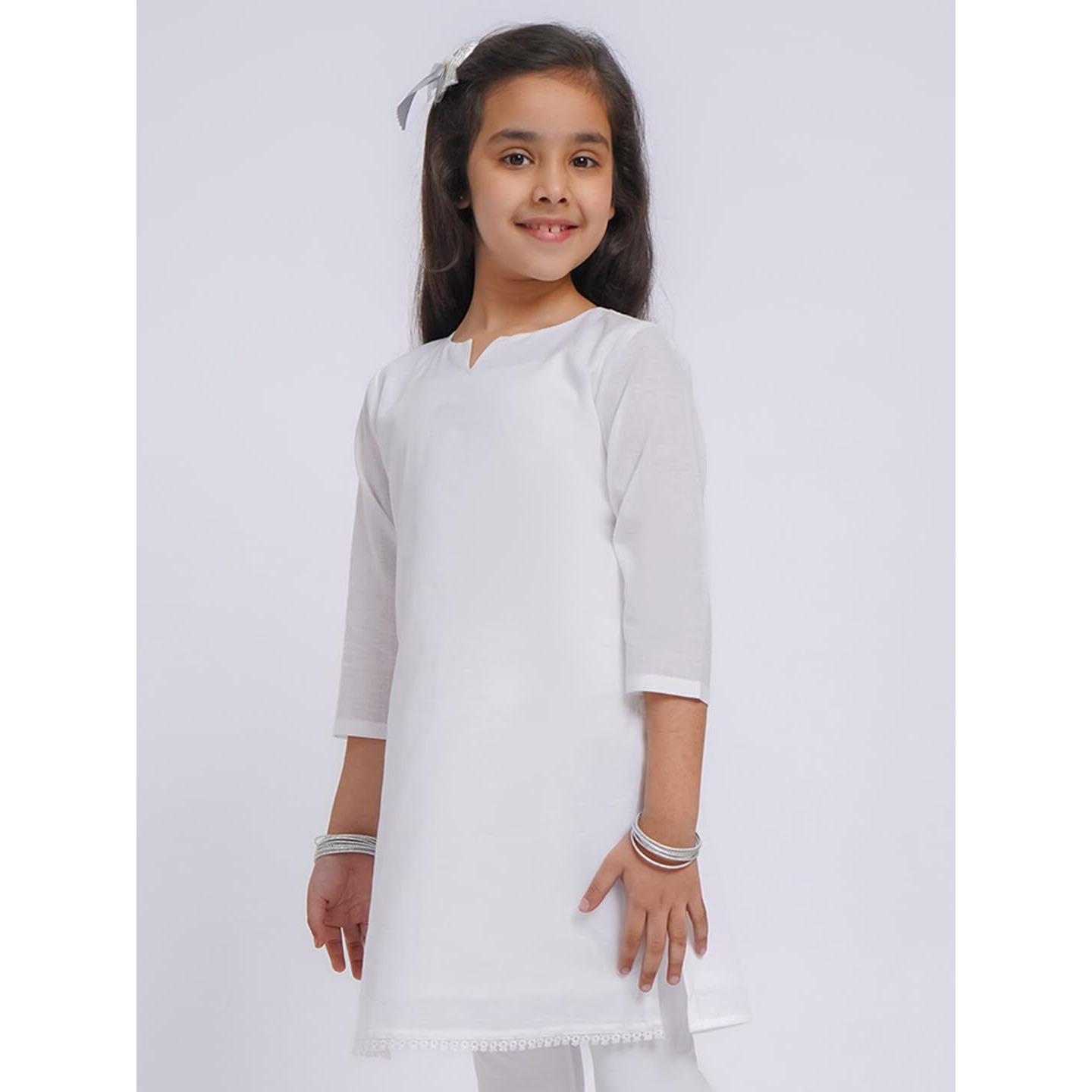 VASTRAMAY Girls' White Cotton Cambric Kurta  Republic Day Special Elegant Knee-Length Only Kurta for Festive