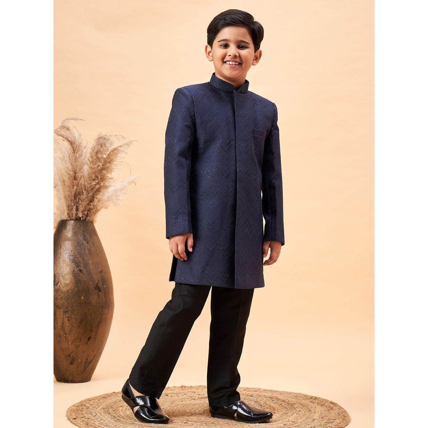 VASTRAMAY Boys' Navy Blue And Black Sherwani Set_VASBIW036NBnPANT002BL_36