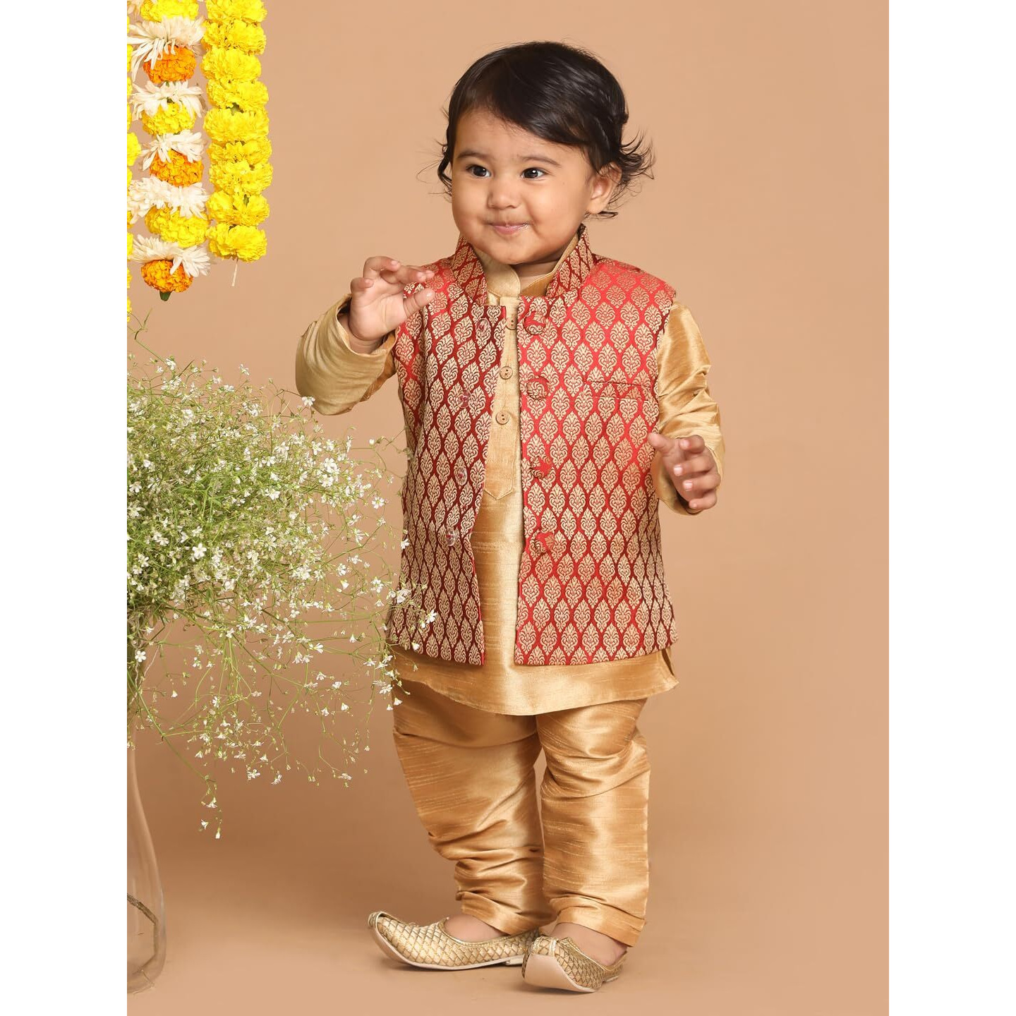 VASTRAMAY Infant Boys Rose Gold Silk Blend Jacket, Kurta and Pyjama Set_VSHISBJMA005nKRG001nPRG_16