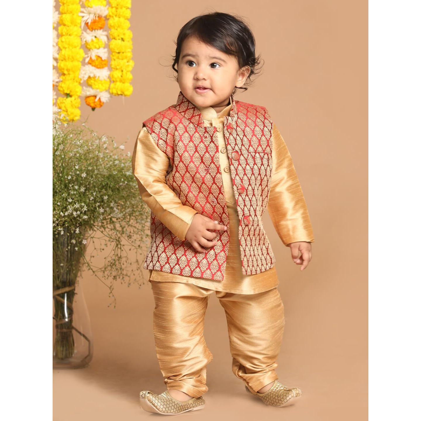 VASTRAMAY Infant Boys Rose Gold Silk Blend Jacket, Kurta and Pyjama Set_VSHISBJMA005nKRG001nPRG_16