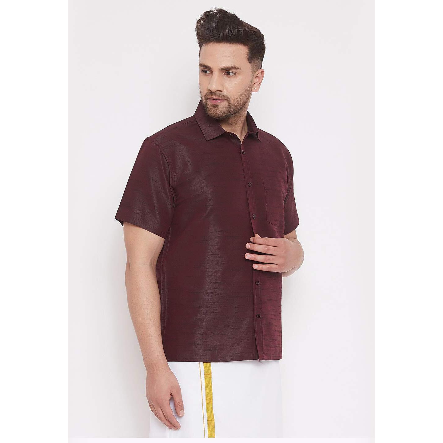 VASTRAMAY Men's Wine Silk Blend Ethnic Shirt - Half Sleeve South Indian Traditional Shirt, Chennai/Madras Shirt for Weddings, Festivals & Formal Occasions