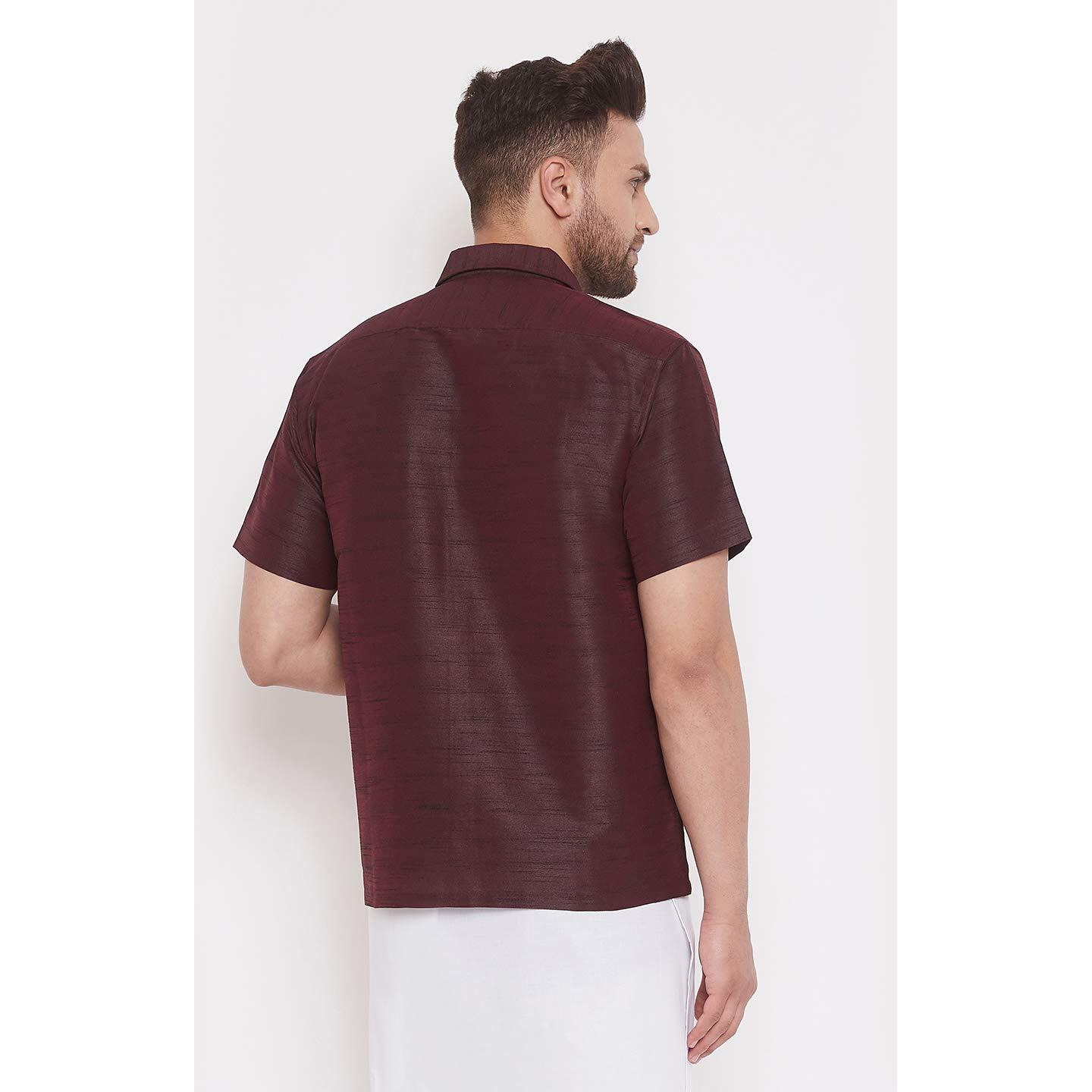 VASTRAMAY Men's Wine Silk Blend Ethnic Shirt - Half Sleeve South Indian Traditional Shirt, Chennai/Madras Shirt for Weddings, Festivals & Formal Occasions