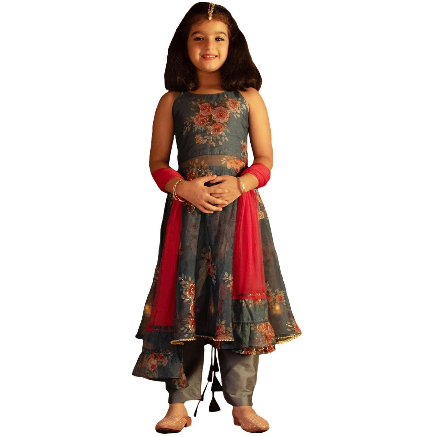 VASTRAMAY Girls' Grey Organza Anarkali Set | A gorgeous foil painted Anarkali With Dupatta perfect Navratri & Diwali | Gown for Weddings, Festivals, and Special Occasions