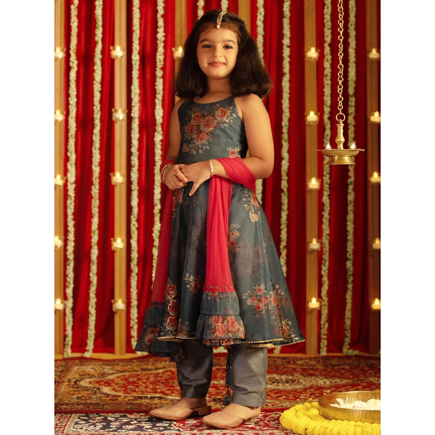 VASTRAMAY Girls' Grey Organza Anarkali Set | A gorgeous foil painted Anarkali With Dupatta perfect Navratri & Diwali | Gown for Weddings, Festivals, and Special Occasions