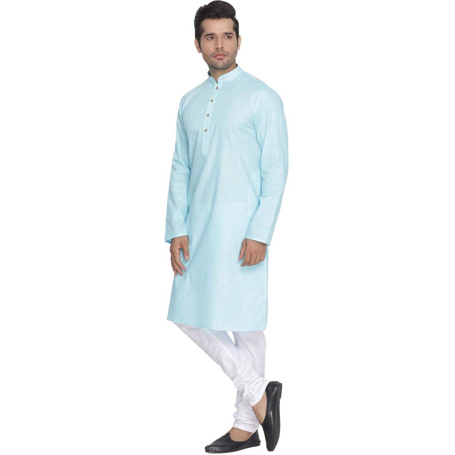 VASTRAMAY Mens Cotton Linen Aqua Blue And White Kurta Pyjama Set - Classic Ethnic Attire for Timeless Style | Soft Comfortable Plain Solid Kurta and Churidar Pyjama Set_VASMK007AQnPCWH_42