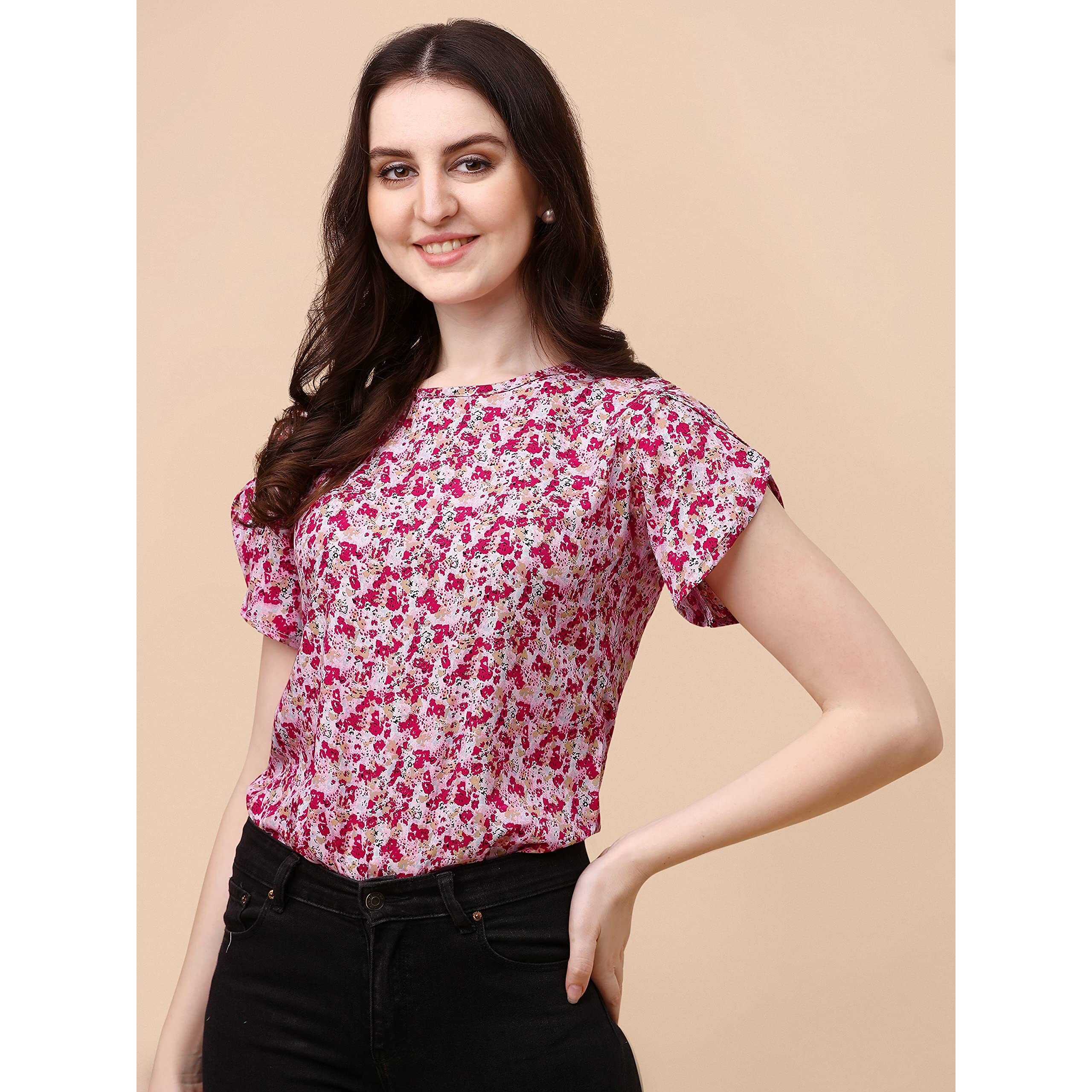 Wedani Women's Casual Short Sleeves Round Neck Foral Top (Large, Multi)