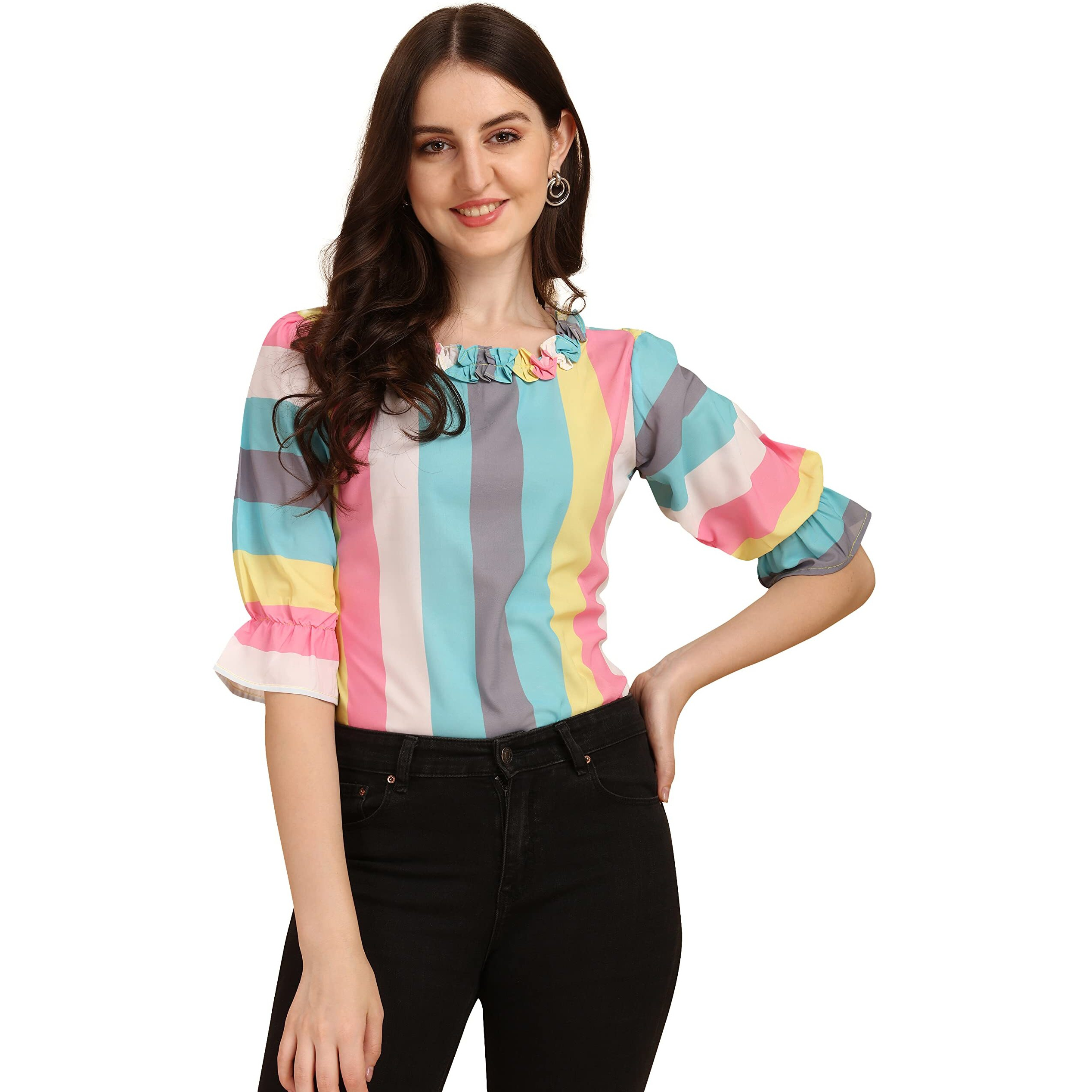 Wedani Women's Casual Puff Sleeves Ruffled Collor Strip Top (Medium, Blue)