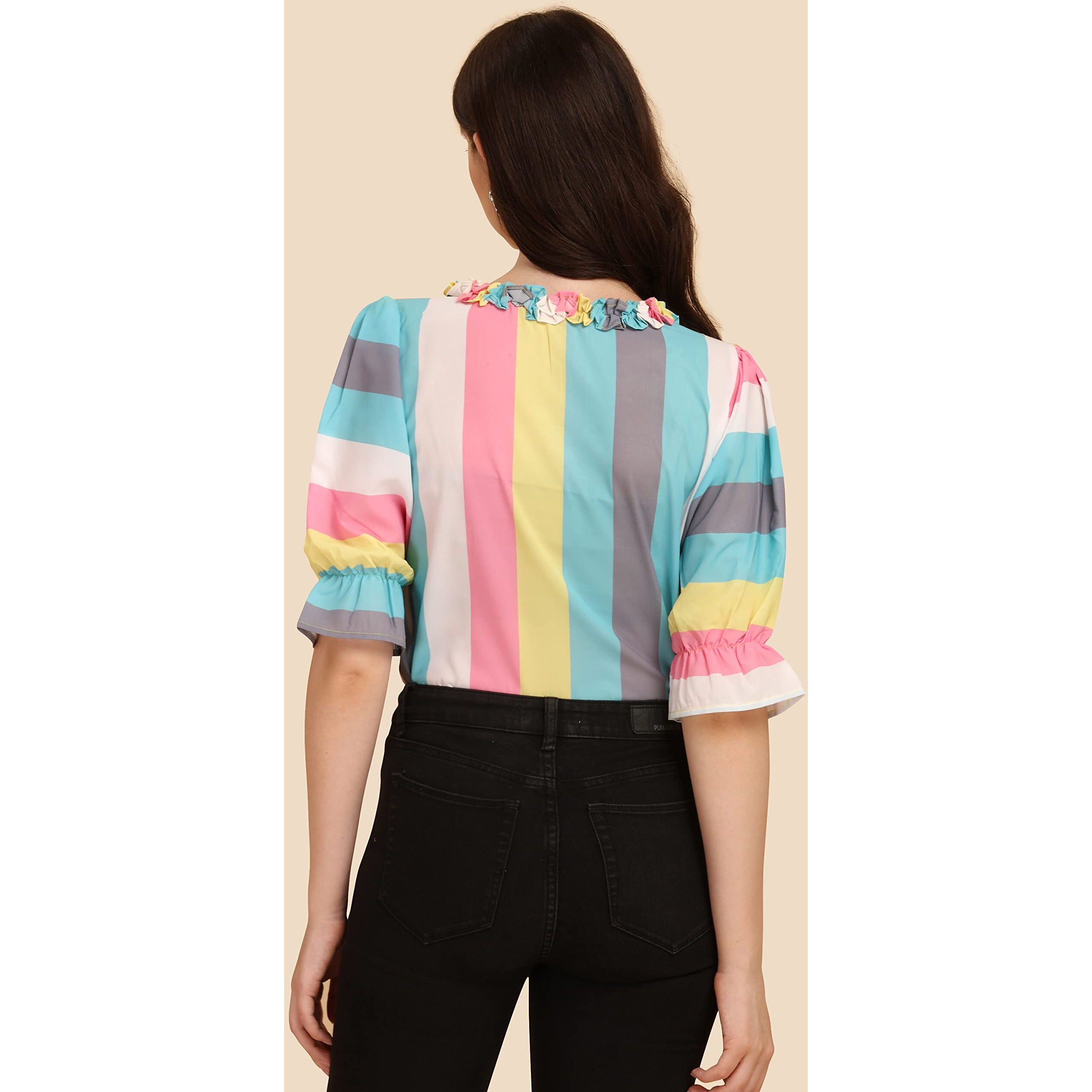 Wedani Women's Casual Puff Sleeves Ruffled Collor Strip Top (Medium, Blue)