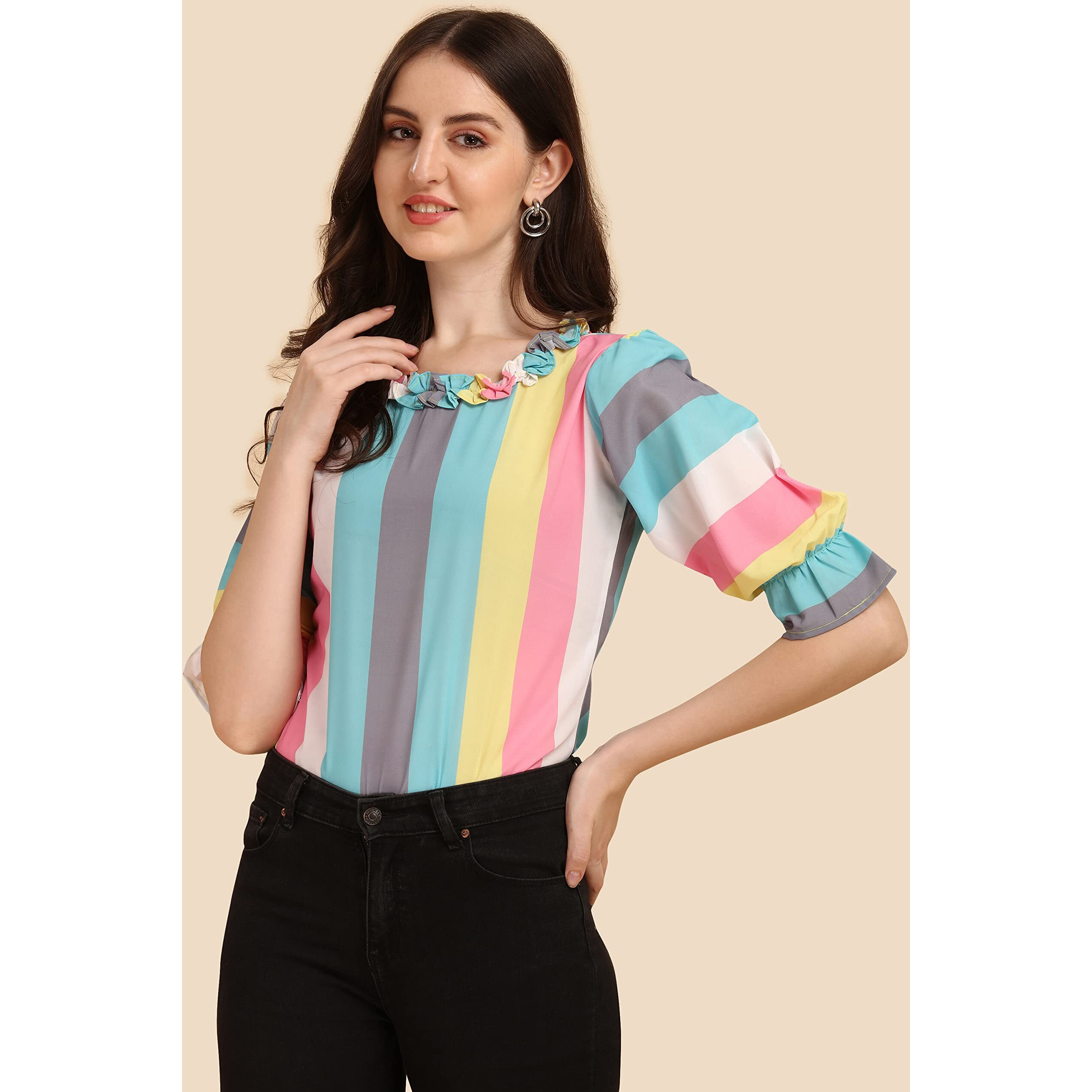 Wedani Women's Casual Puff Sleeves Ruffled Collor Strip Top (Medium, Blue)