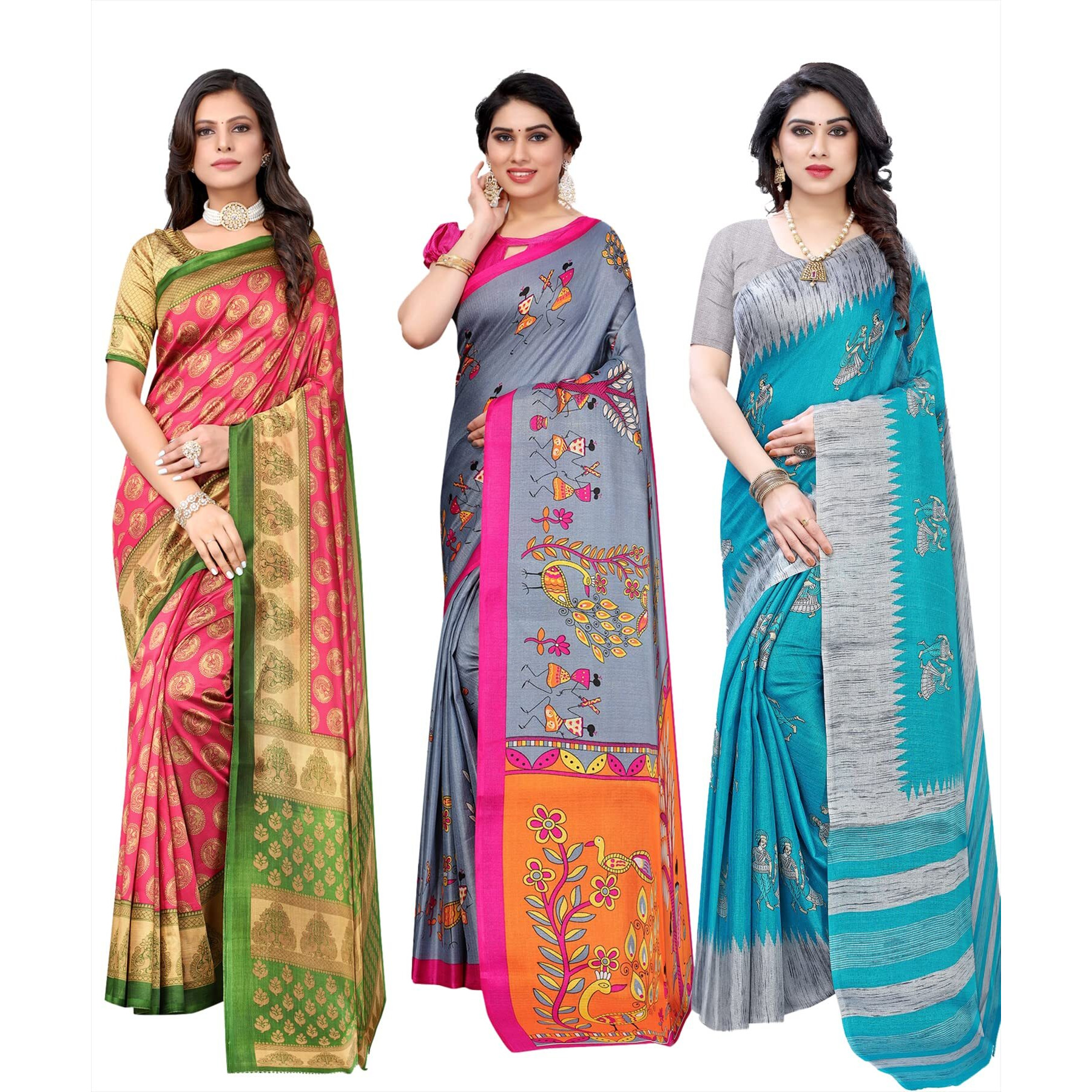 Yashika Women's Combo Art Silk Saree with Blouse Piece-Pack of 3(ALIFA Pink-DANDIYA Grey-NAURTA Blue) Multicolor-04