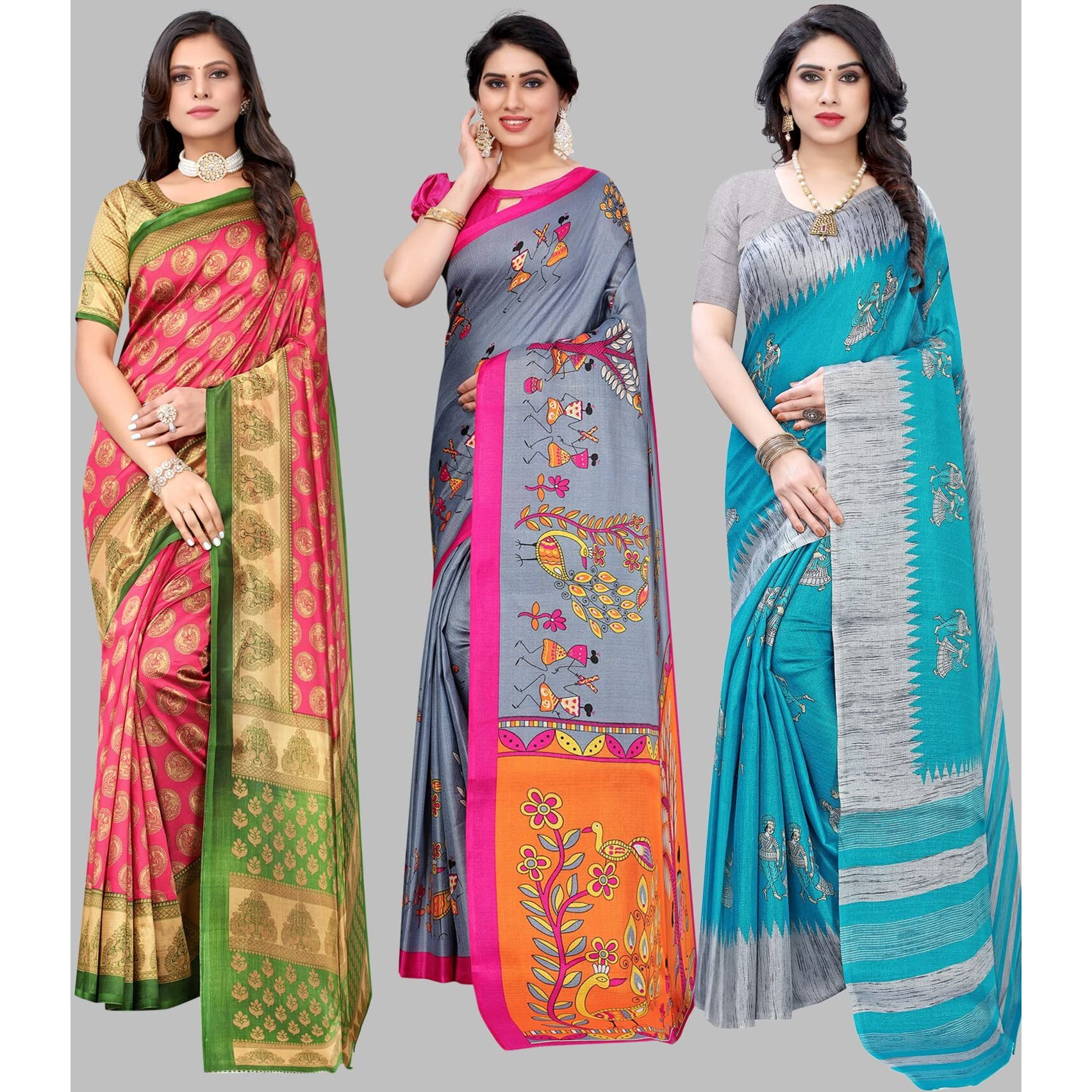 Yashika Women's Combo Art Silk Saree with Blouse Piece-Pack of 3(ALIFA Pink-DANDIYA Grey-NAURTA Blue) Multicolor-04