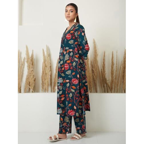 Yashika Women's Regular 3/4 Sleeve Floral Printed Kurti Pant Set, Cotton Blend, Knee Length, Stylish Ethnic Outfit, Office, and Casual Occasions (AZ-YS-OG1-KS2166-Parent_Rama