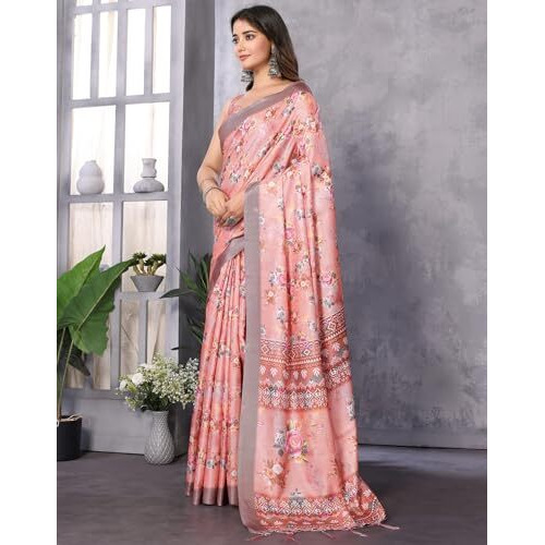 Yashika Women's Digital Print Art Silk Cotton Saree with Tassels and Golden Border - Lightweight and Elegant Ethnic Wear for Festive and Casual Occasions (AZ-YS-P3-PUSHPA 10)