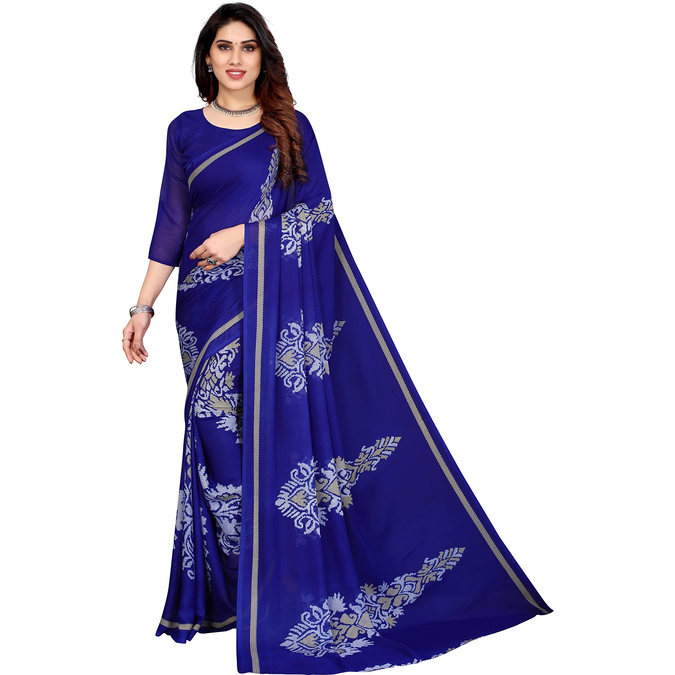 Yashika Womens Printed Georgette Saree With Blouse Piece(FLYING NAVY_Free Size)