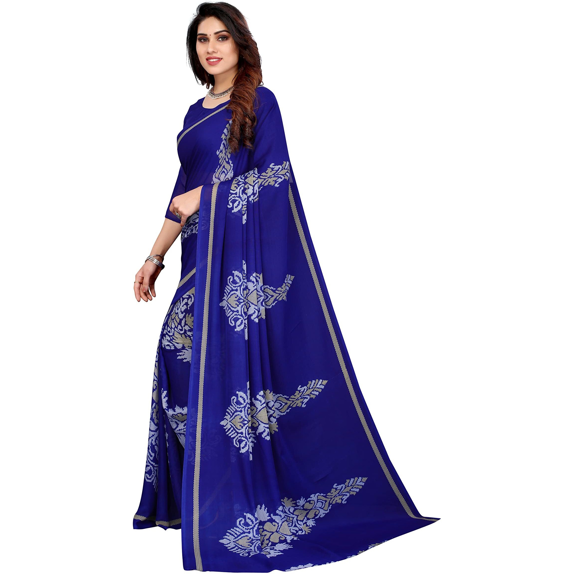 Yashika Womens Printed Georgette Saree With Blouse Piece(FLYING NAVY_Free Size)